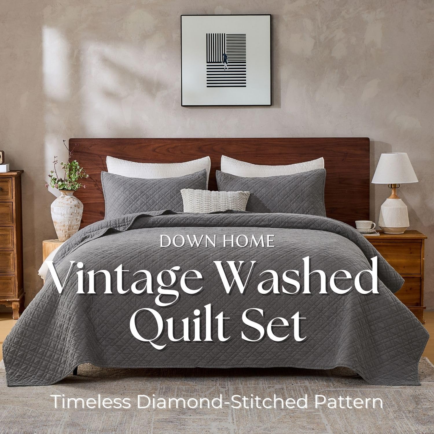 Queen Quilt Set with Shams Lightweight Quilted Bedspread Coverlet Thin Comforter Bed Cover Vintage Washed Quilted Blanket for All Season, Brushed Microfiber Diamond Stitching, Ash Gray, 88"x92" - Image 2