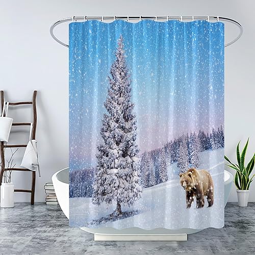 Miniatura 3 de Cortina de ducha de bosque de invierno, oso marrón, pino, rústico, caza, vida silvestre, paisaje, selva, nieve, naturaleza, paisaje, invierno,