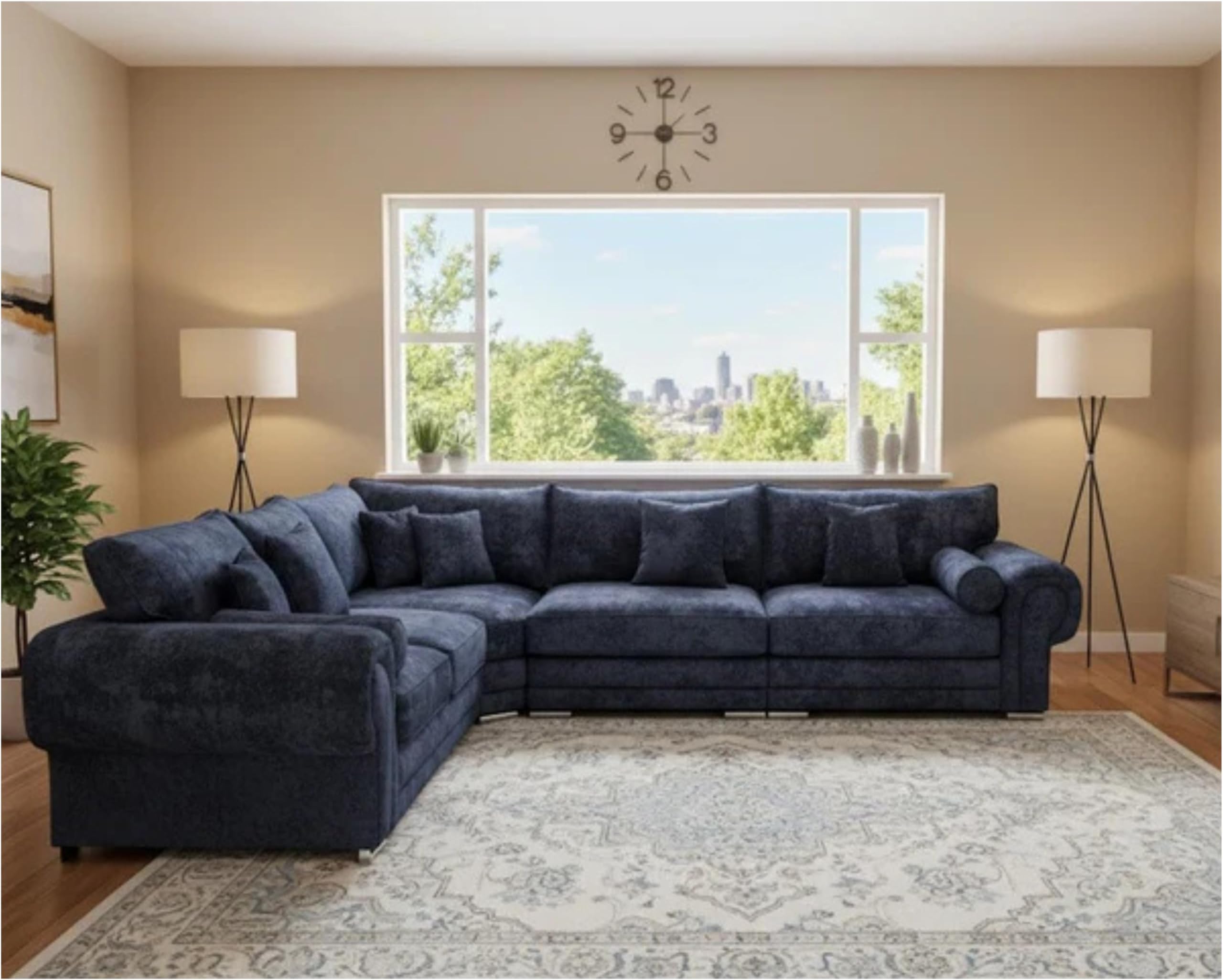 Alessia L-Shaped Corner Sofa with Full Back and Chesterfield Arms – Modern Chenille Upholstered Sectional Couch for Living Room (Chenille Blue, Right Hand)