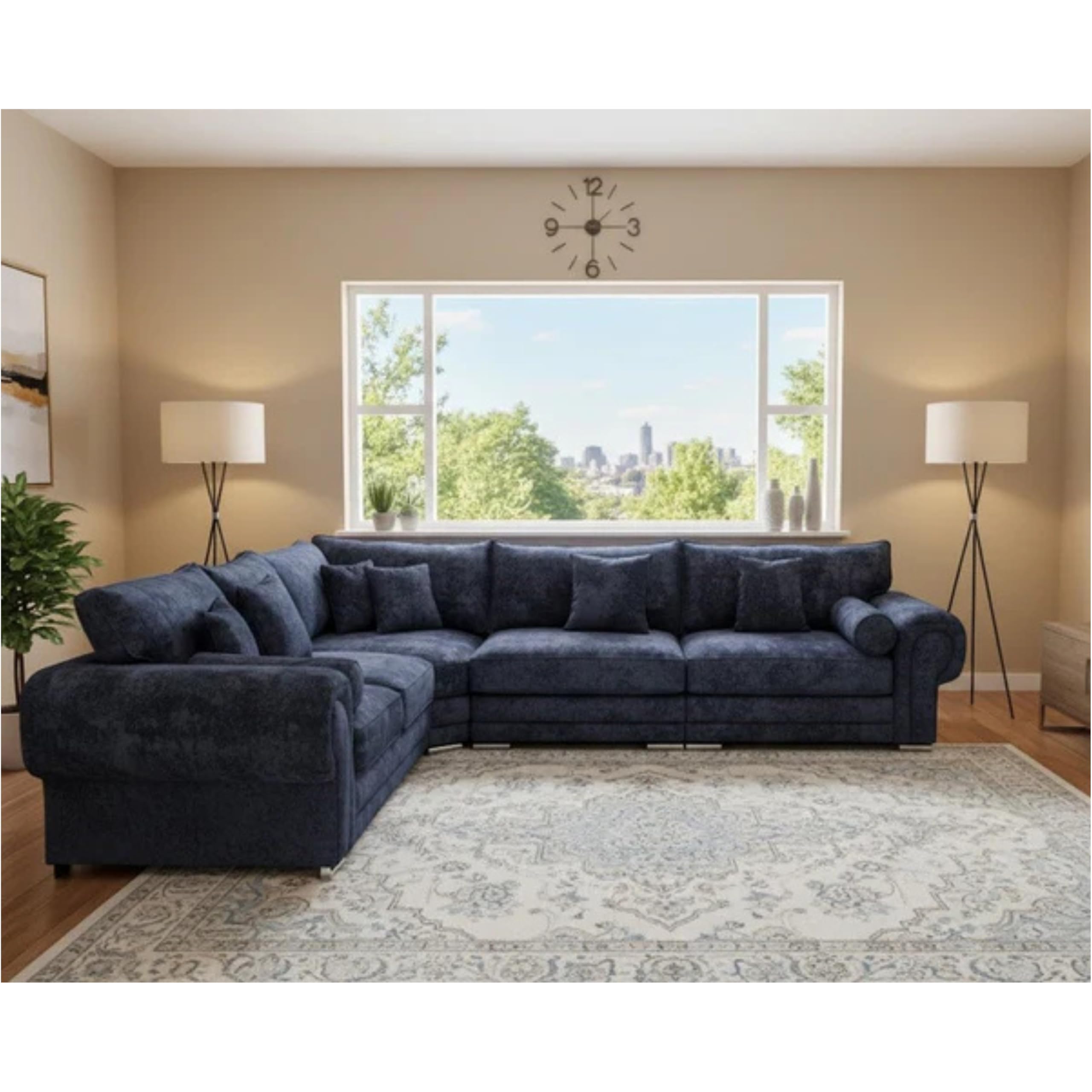 Alessia L-Shaped Corner Sofa with Full Back and Chesterfield Arms – Modern Chenille Upholstered Sectional Couch for Living Room (Chenille Blue, Right Hand)