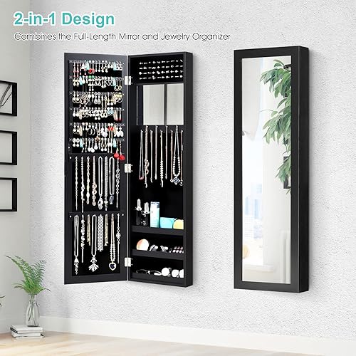 Miniatura 2 de COSTWAY Armario de joyería de espejo de longitud completa organizador de joyas montado en la puerta de pared con espejo de maquillaje ranuras para