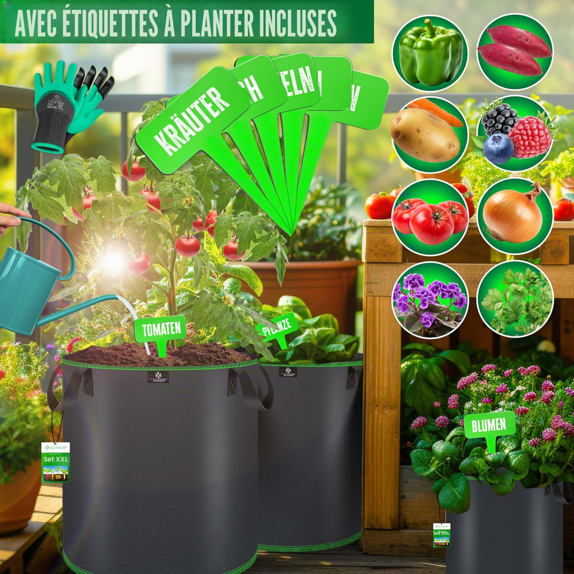 KESSER® Lot de 10 Sac de Plantation 27 litres | Sacs de Plantation en Tissu Non Tissé avec Etiquettes Nominatives | Sac de Plantation de Pommes de Terre avec Fenêtre & Poignées | Noir