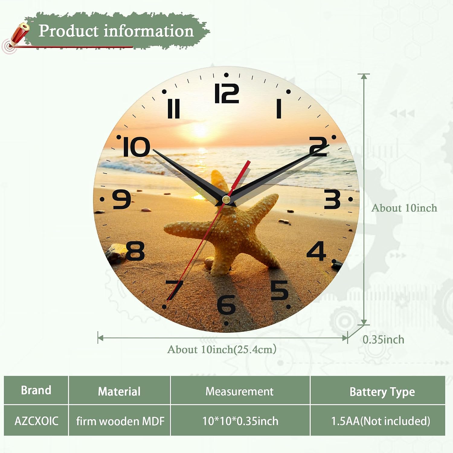 Beach Wall Clock,Starfish Shell Wall Clocks Decorative,Kitchen Wall Clock Battery Operated-10 Inch Round Bathroom Wall Clocks Silent Non-Ticking