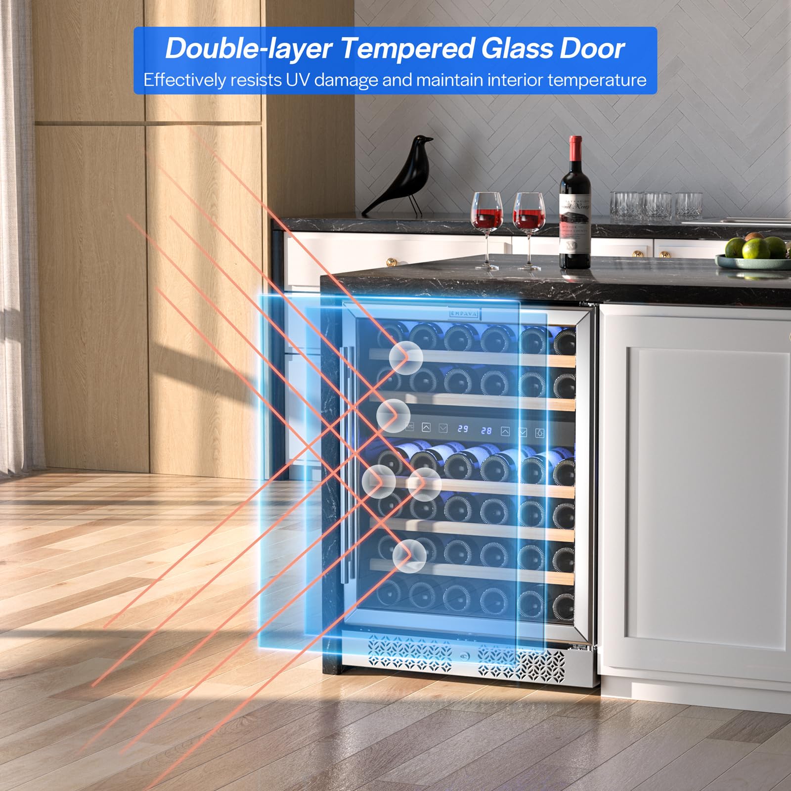 Empava 24" Wine Cooler Refigerator, Freestanding or Under Counter Fridge with Lights, 46 Bottles Capacity Dual Zone, Touch Control, Stainless Steel on Fridge.com