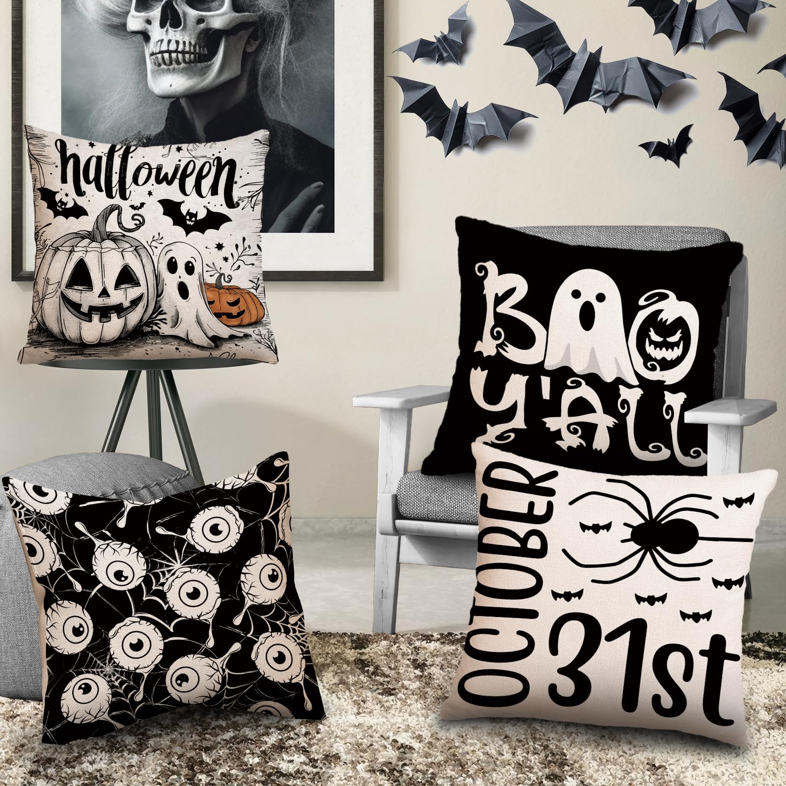 AIBIIN Halloween Cushion Covers Set of 4 for Halloween Indoor Outdoor Decorations Pumpkin Ghost Bat Spider Web Linen Pillow Case for Sofa Couch Home Bedroom 45x45cm - Image 4