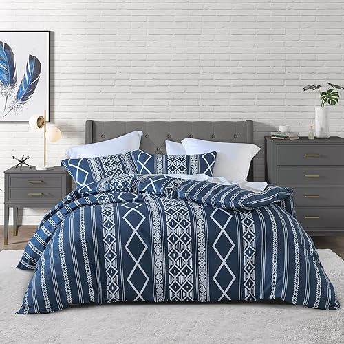 Juego de funda de edredón con estampado geométrico azul marino, 100% algodón, con patrón bohemio abstracto, tamaño Queen, 3 piezas, incluye 1 funda