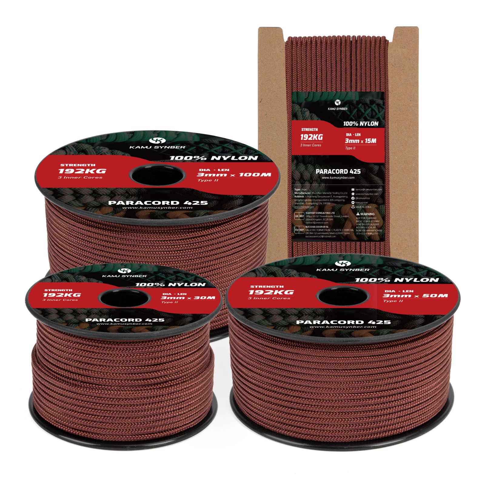 Kamu Synber 425 Paracord 3mm x 100m 100% Nylon Rope 3 Strands Parachute Cord Type II for Outdoor, Crafting, DIY | Support 192kg | Chocolate Brown