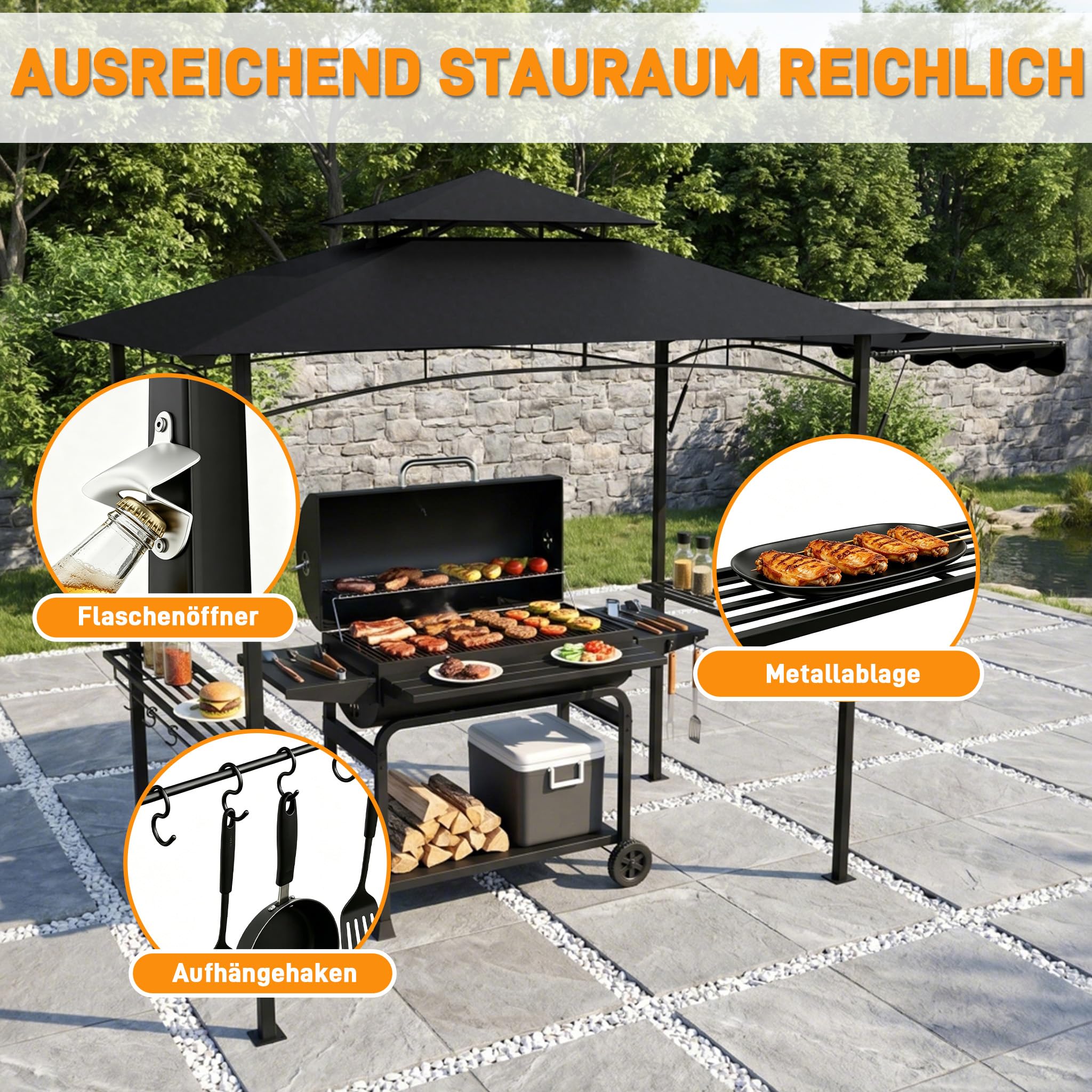 XMTECH Pawilon grillowy z markizą boczną, podwójnym dachem i miejscem do przechowywania, 339 x 141 x 253 cm, pawilon ogrodowy, 2 metalowe regały i haczyki, ochrona na BBQ, imprezy ogrodowe, czarny