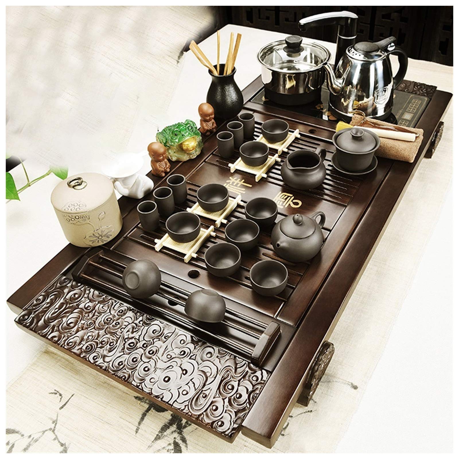DFGHNBVC Chinese Ceramic Tea Sets,Tea Set Bamboo Tea Tray, Chinese Kungfu Tea Serving Tray Kungfu Tea Set With Automatic Water Heater Ceramic Gongfu Sets,B