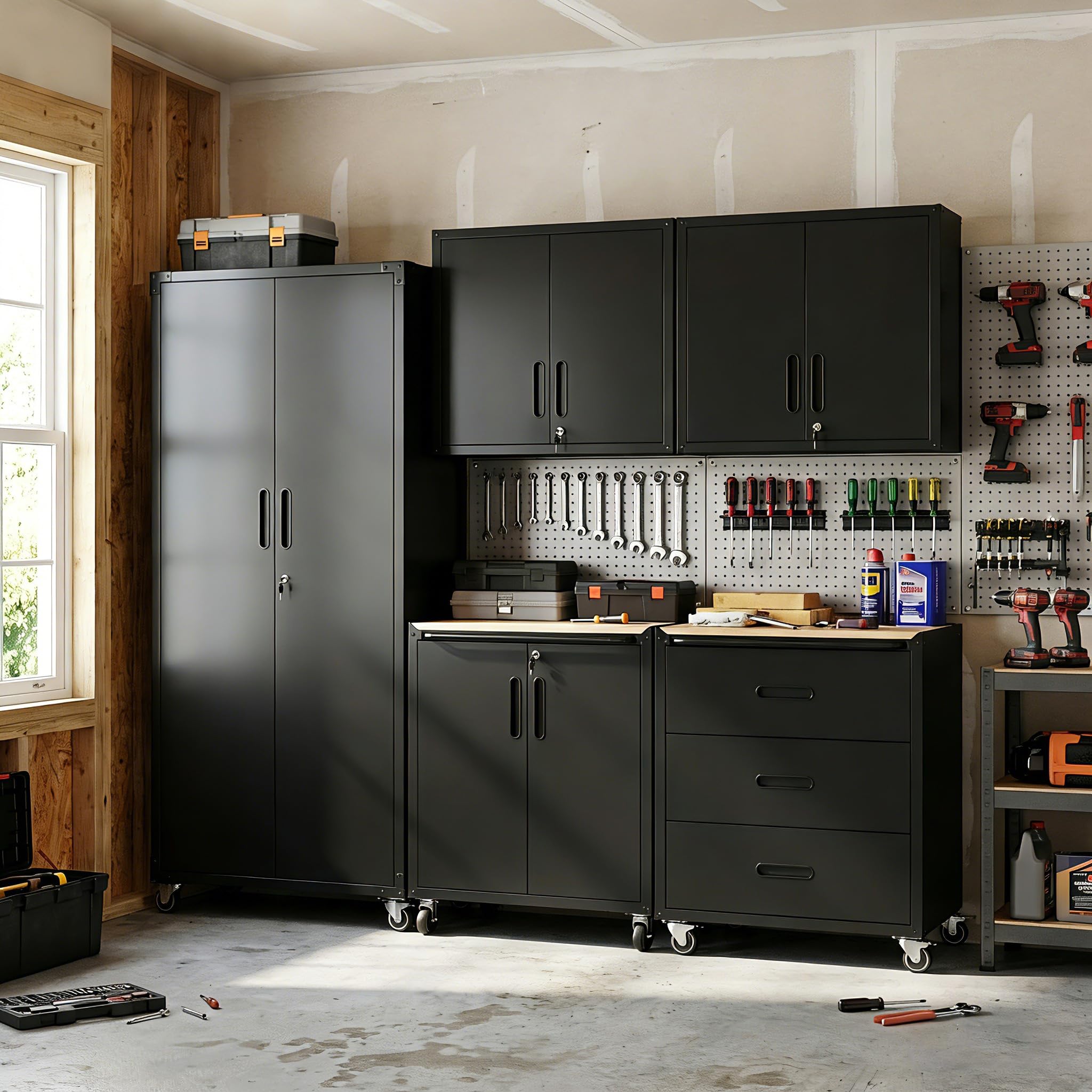 Garage Cabinet System | Heavy Duty Steel All-in-One Modular Garage Cabinet Set for Ultimate Workshop Organization | Easy Assembly Garage Storage Cabinets &amp; Tool Bench
