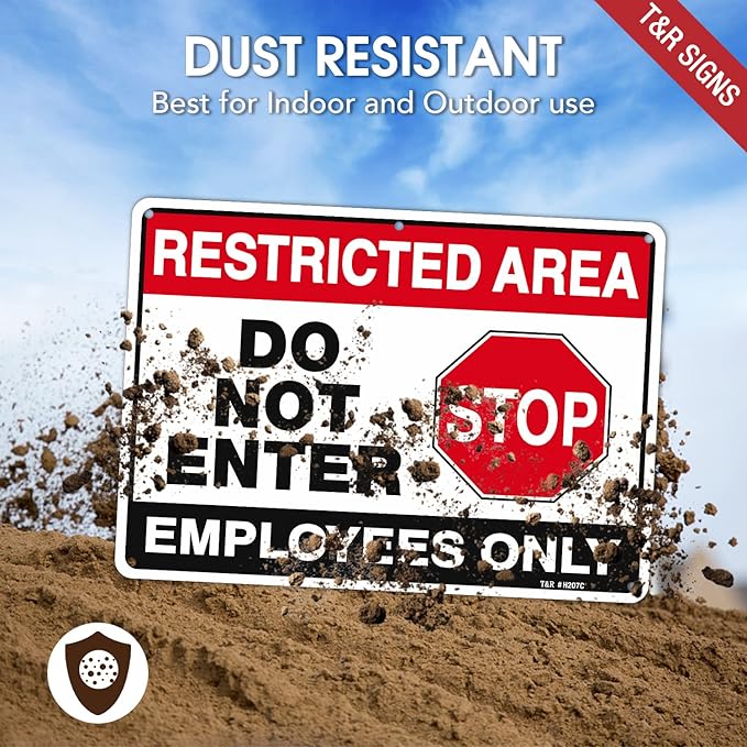 T&R Large Restricted Area Do Not Enter Employees Only Sign - 2 Pack - 14 x 10 Inches Rust Free .040 Aluminum - UV Protected, Waterproof, Weatherproof and Fade Resistant - 6 Pre-drilled Holes