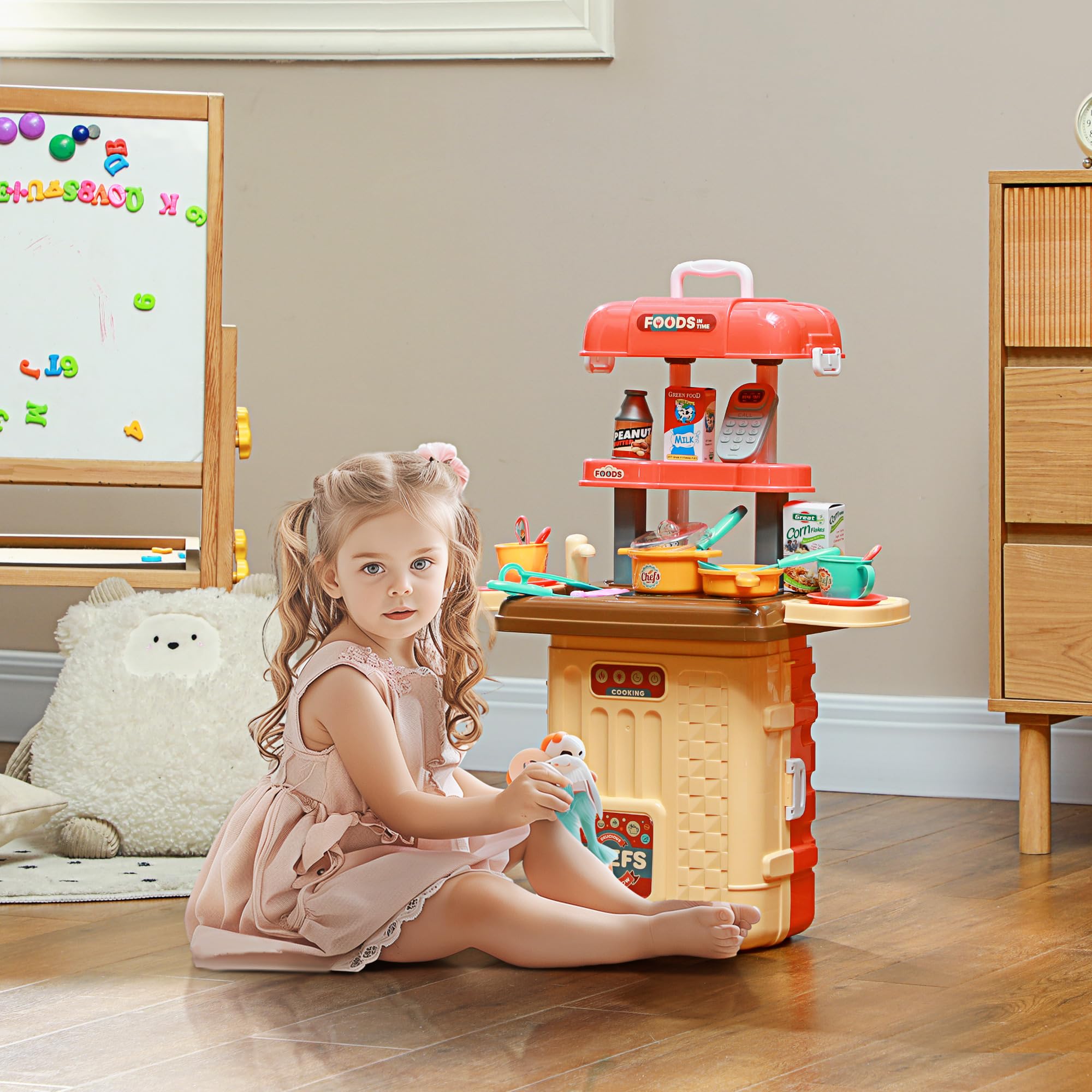 AIYAPLAY Gioco per Bambini 3 in 1 da 36 Pezzi con Tavolo per Posate, Tavolo da Pranzo e Trolley, Cucina Giocattolo in PP e ABS, 48x26x64 cm, Multicolore