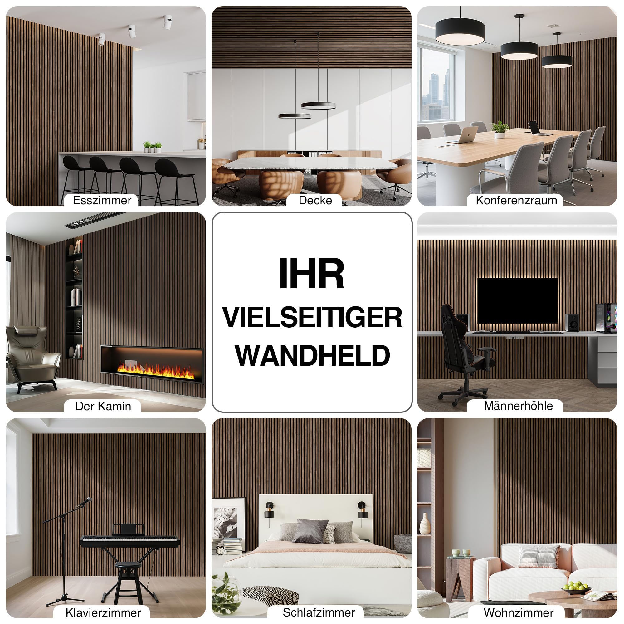 Akustikpaneele Holz 120x60cm-4er Set(2,88m²) 3D Wandpaneele mit Holzfurnier & Filz, Akustik Holzpaneele Wand Für Studio, Wohnzimmer & Büro|Dekorative Wandverkleidung Innen Dunkel Walnuss#11