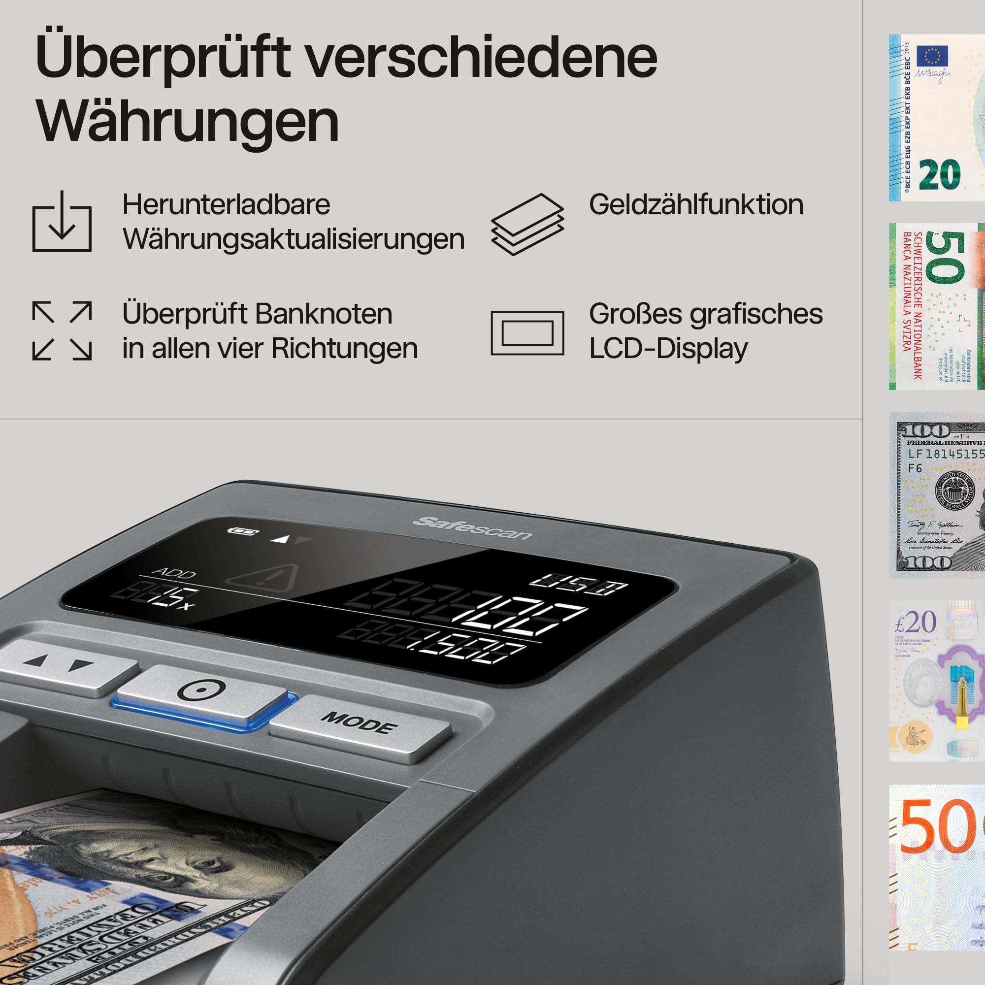 Safescan 185-S automatischer Geldscheinprüfer mit 7-facher Echtheitsprüfung inklusive US Dollar