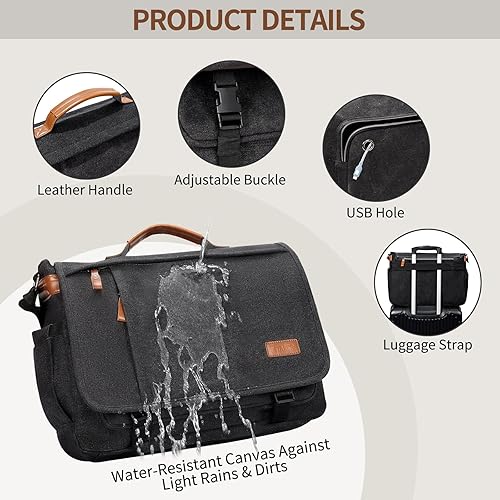 Miniatura 5 de ESTARER Bolsa de mensajero para hombre de 17.3 pulgadas actualizada, bolsa de lona resistente al agua, bolsa de hombro para computadora para trabajo