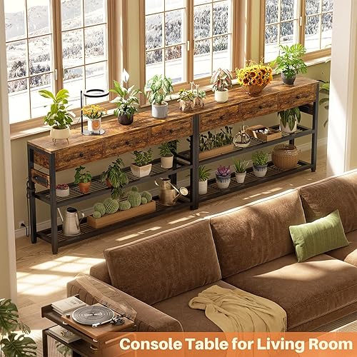 Miniatura 8 de Ecoprsio Mesa de entrada de 47 pulgadas con salidas y puertos USB, mesa consola con 3 cajones, mesa de sofá estrecha larga con estantes de Marrón