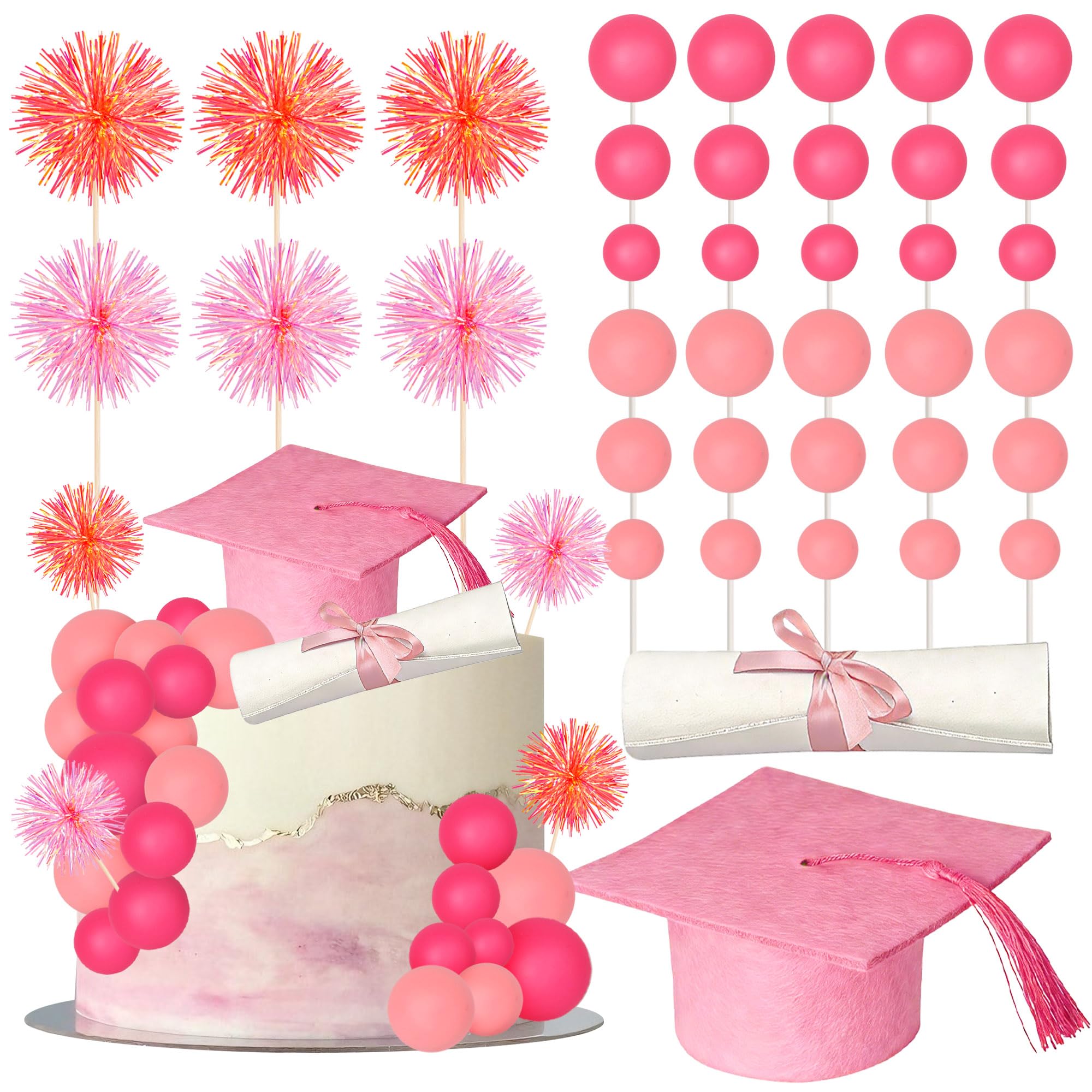 Xsstarmi 42 Pack Graduation Cake Topper Decoration Set with Firework Pink Balls Cake Pick for Diploma Done Congrats Grad Theme Party Cake Decorations