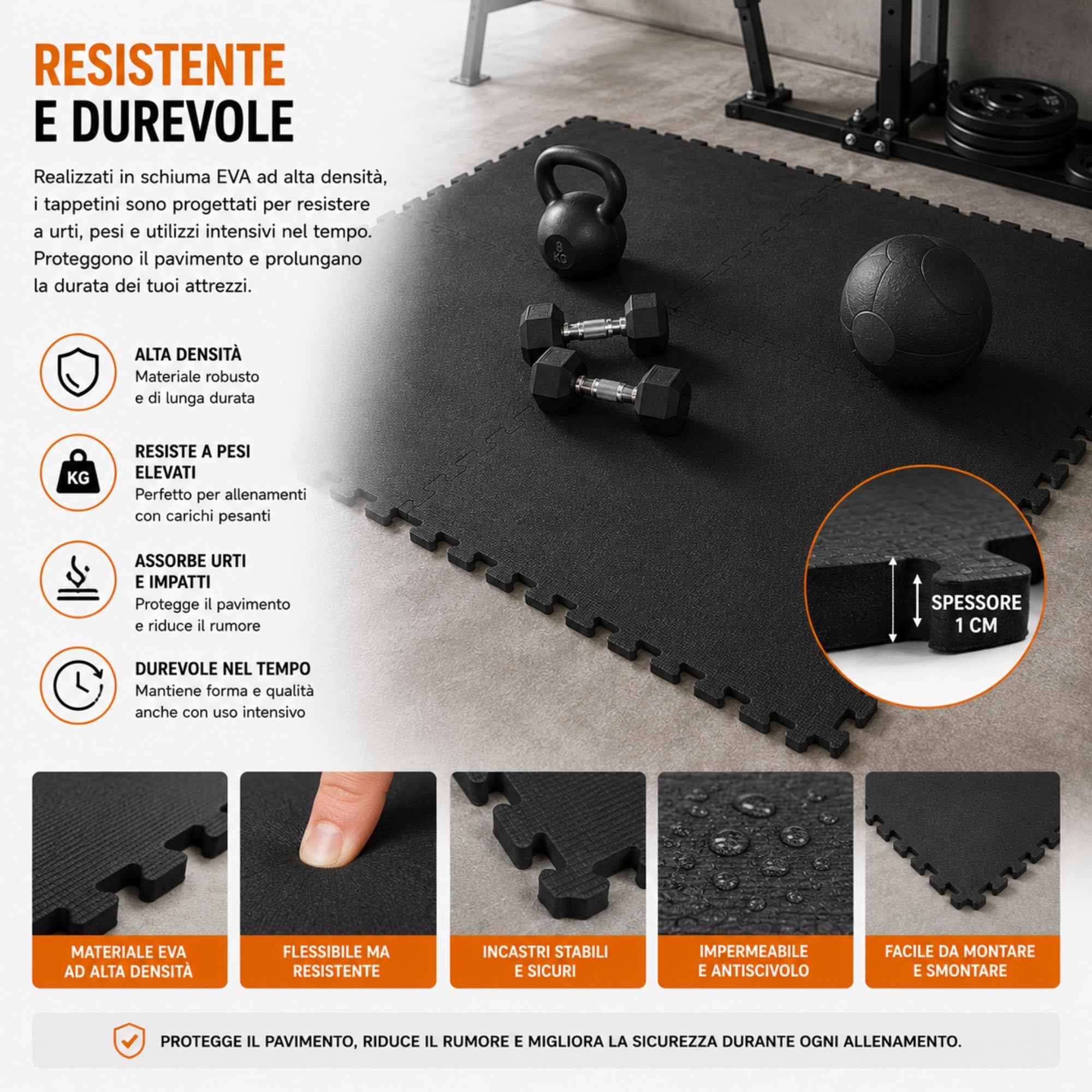 Tappeto Palestra EVA ad Incastro, 4 Pezzi 60x60x1 cm, Tappetino Fitness Puzzle Antitrauma Antiscivolo, Pavimento Protettivo per Home Gym Garage Yoga Fitness Nero