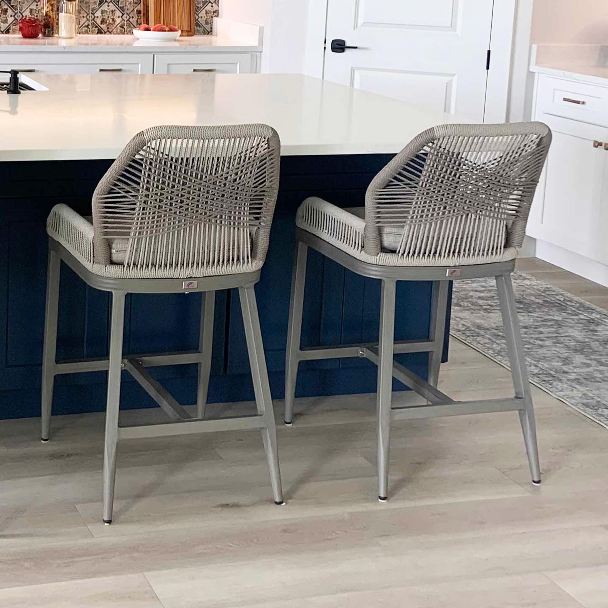 PURPLE LEAF Counter Height Bar Stools Set of 2 Rattan Woven Aluminum Modern Barstools with Back and Arms for Patio Balcony Pool Outdoor Accent Counter