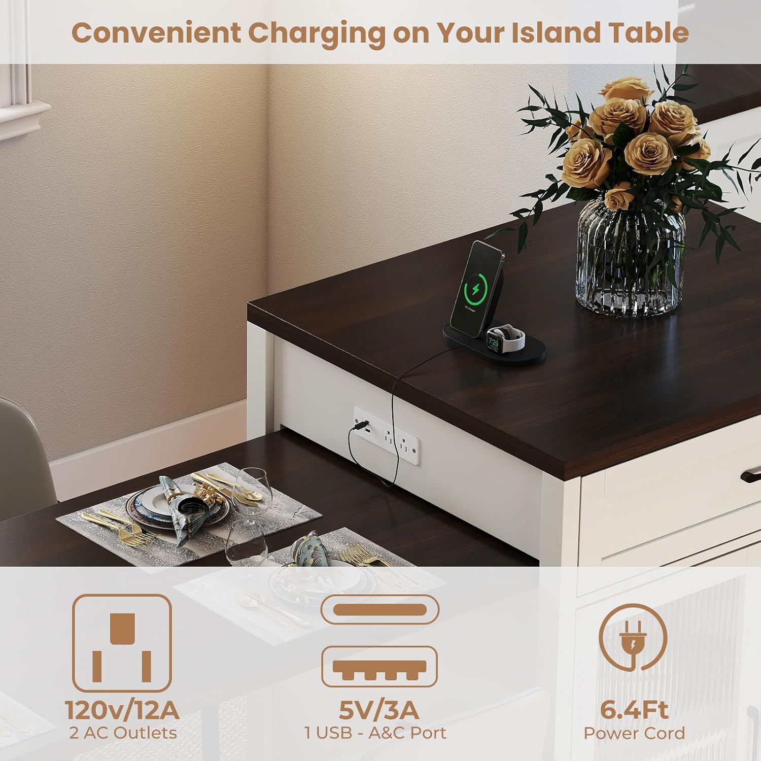 Skepphlay 83.1” Kitchen Island with Extendable Dining Table for 4, Mobile Rolling Island Table for Kitchen with Storage, 2 Drawers, Power Outlet & Storage Racks, Cream White