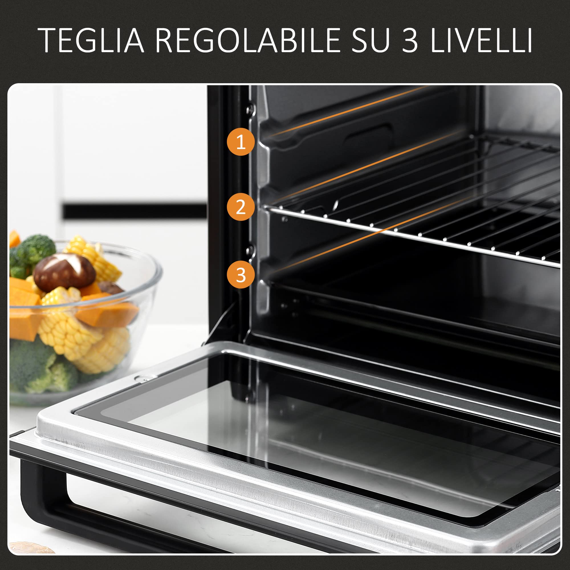 HOMCOM Fornetto Elettrico 32L Regolazione Temperatura e Timer, 3 Modalità di Cottura e Accessori, 1600W, 52.2x38.1x33.5cm, Nero