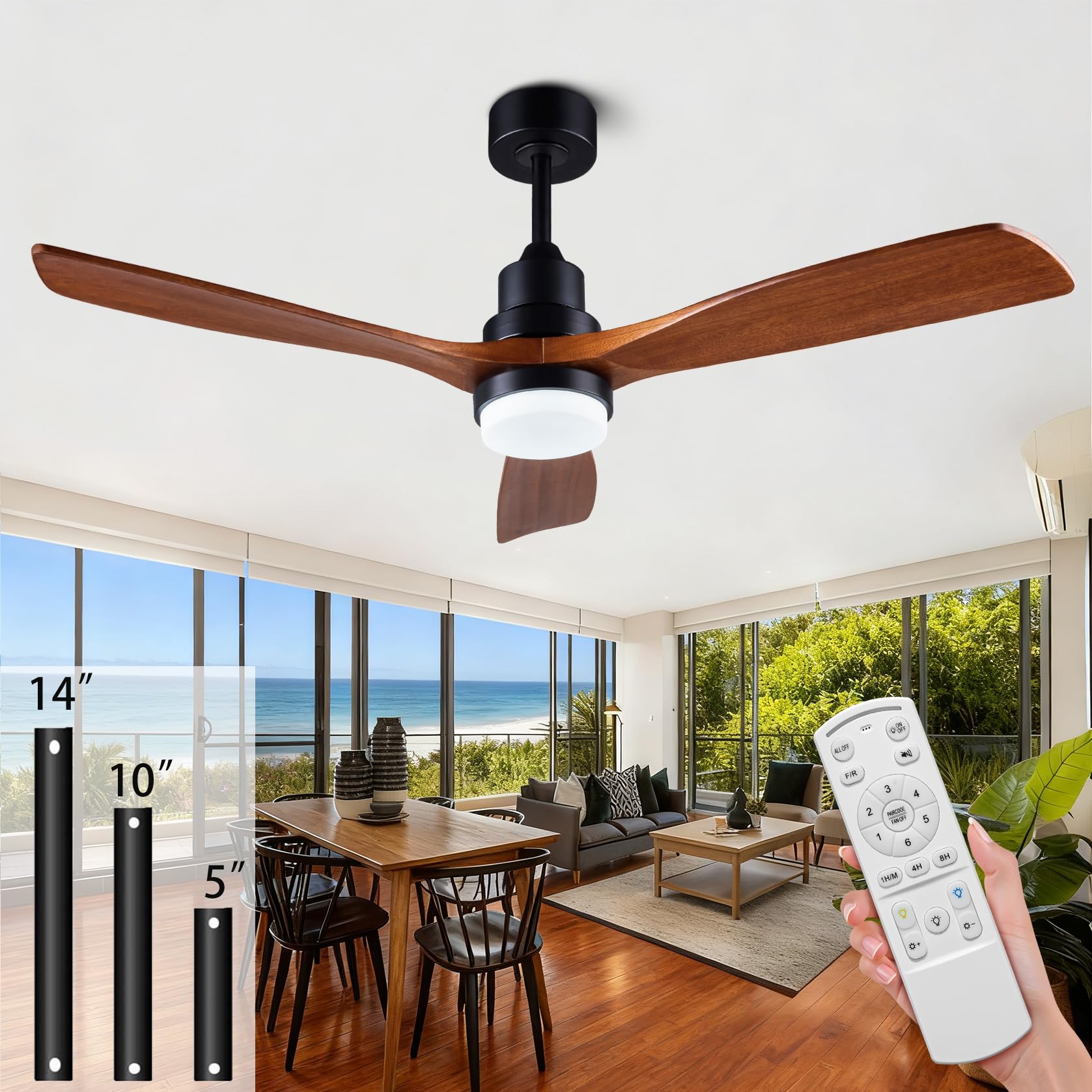 52-inch Ceiling Fan with Remote Control Illuminated 3-Blade Carved Wooden Fan Blades Quiet Reversible All-Copper Motor Ideal for
