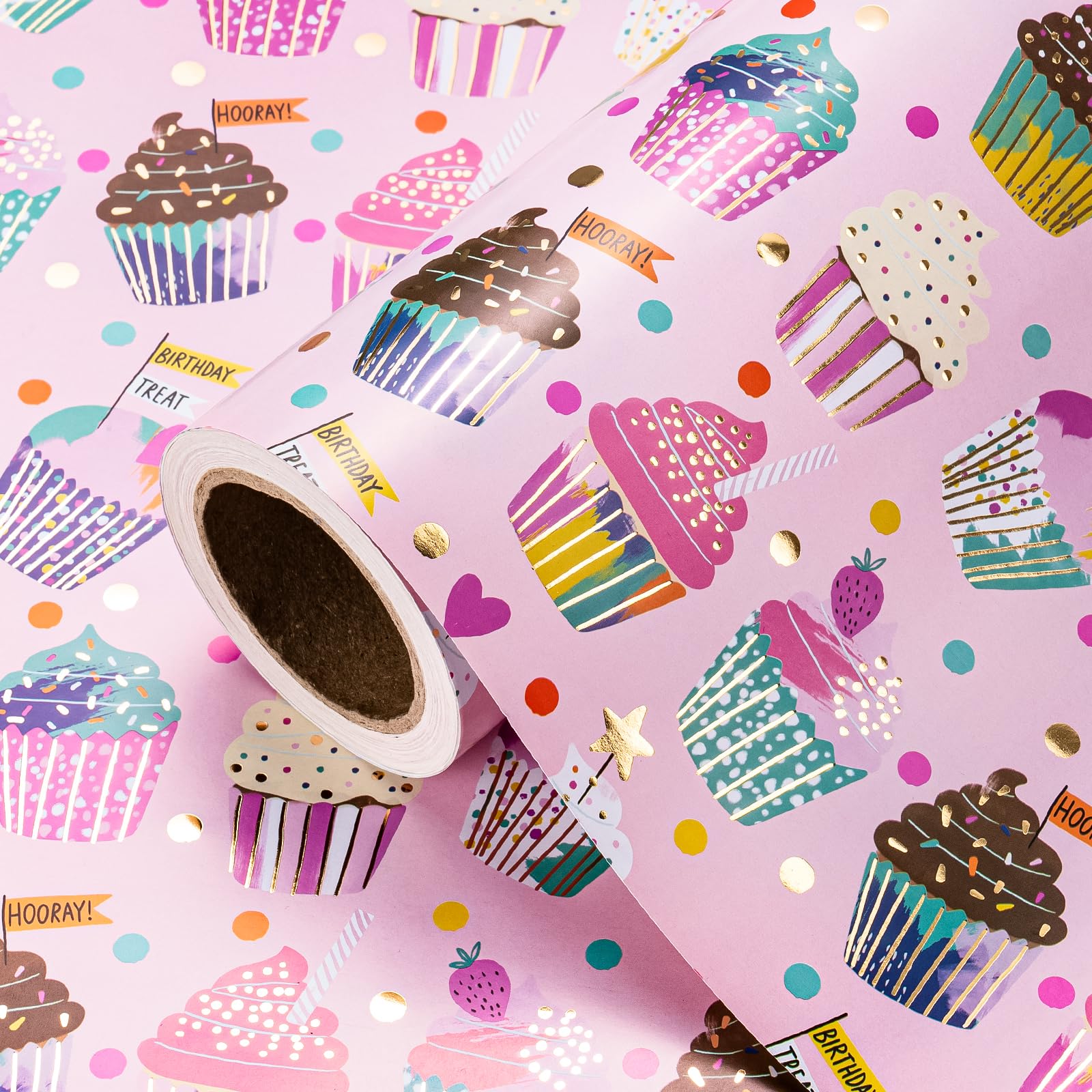 WRAPAHOLIC Pink Birthday Wrapping Paper Roll - Mini Roll - 17 Inch x 16.5 Feet - Colorful Cupcake Pink Wrapping Paper with Metallic Foil for Kids Girls, Baby Shower, Cake Smash