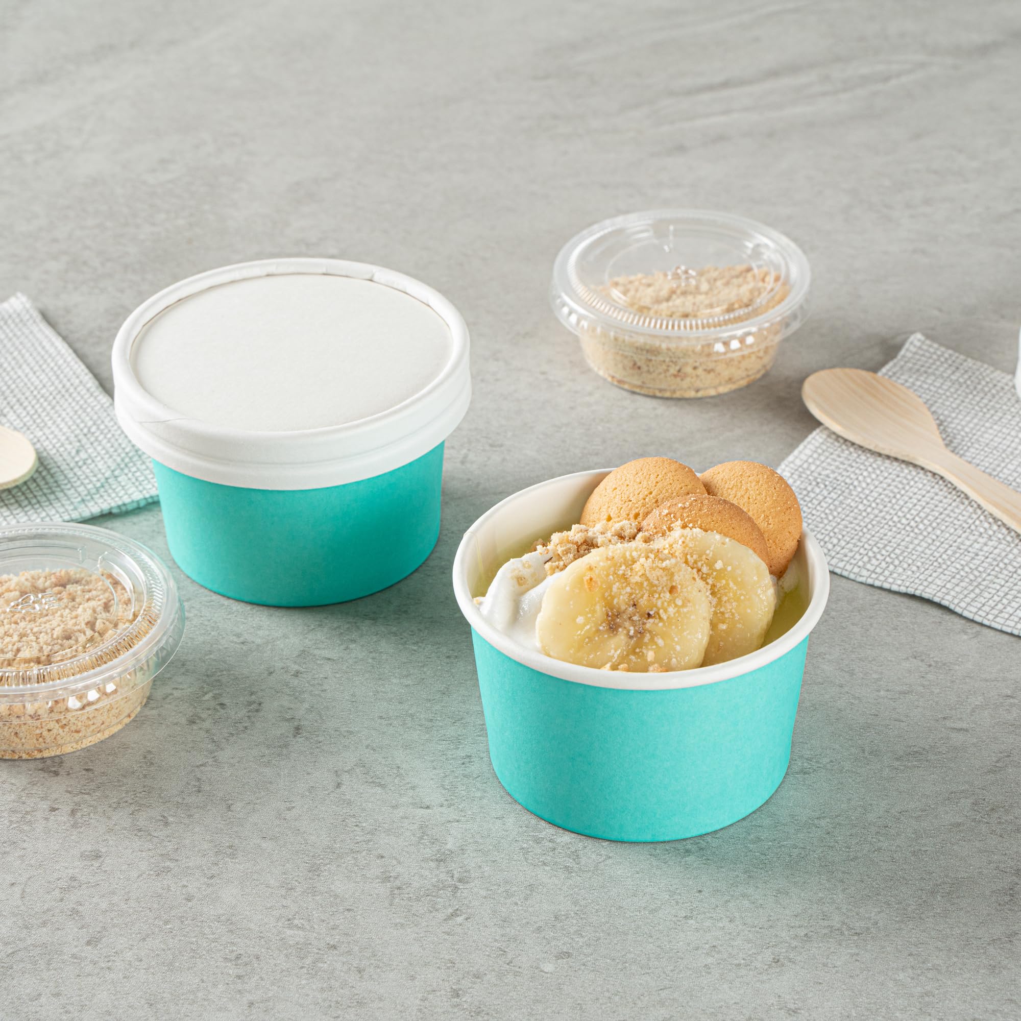 Coppetta - Vasos de postre de 3 onzas, 200 vasos desechables para helado, las tapas se venden por separado, resistentes, cuencos de papel turquesa FroYo, a rayas, para alimentos fríos y calientes,