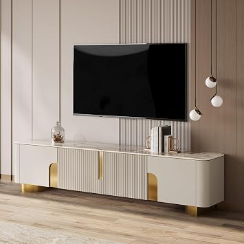 Modern TV Console with Storage, 79 Inch Sintered Stone TV Entertainment Center TV Stand for Living Room Bedroom, Wood Media Console for 65 Inch TVs with Metal Dual Bases
