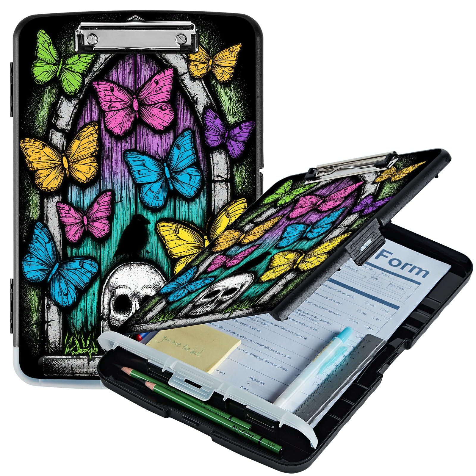 RWUTYTIUL A4 Clipboard with Storage Pen Holder, Clipboards Organizer Nursing Clipboard Foldable File Folder Plastic Clipboard Folio Clip Board for Office Work Classroom Doctor, Woodgrain Butterfly