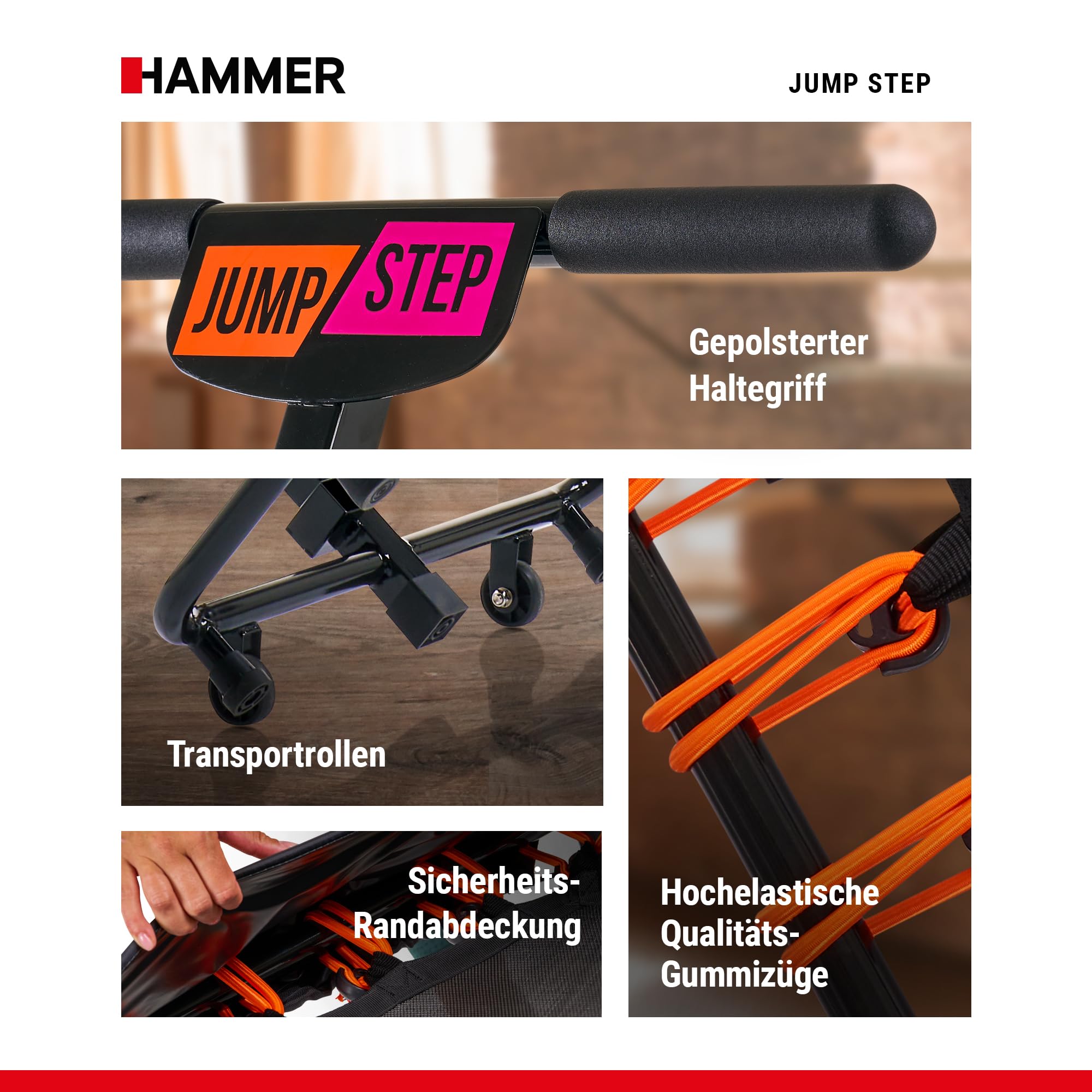 HAMMER Fitness-Trampolin JumpStep, Flexibles & gelenkschonendes Step-Board, aufstellbar, intensives Po- und Beinmuskeltraining, patentierte Technik, mehrfach höhenverstellbarer Haltegriff