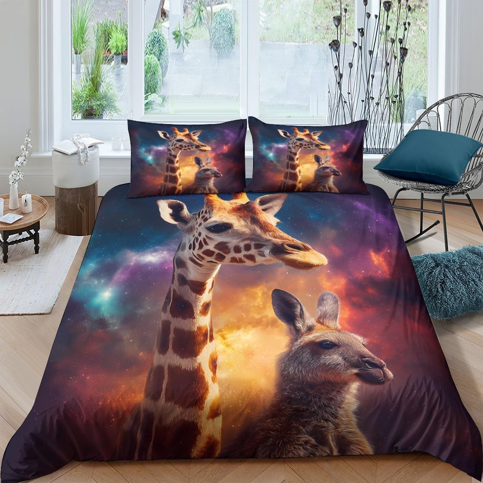 GPLZQXKJNH 3D Printed Sunset Giraffe Duvet Cover Microfiber Soft Breathable Safari Animal Bedding Set with 2 Pillowcases for Bedroom Decor Single（135x200cm）