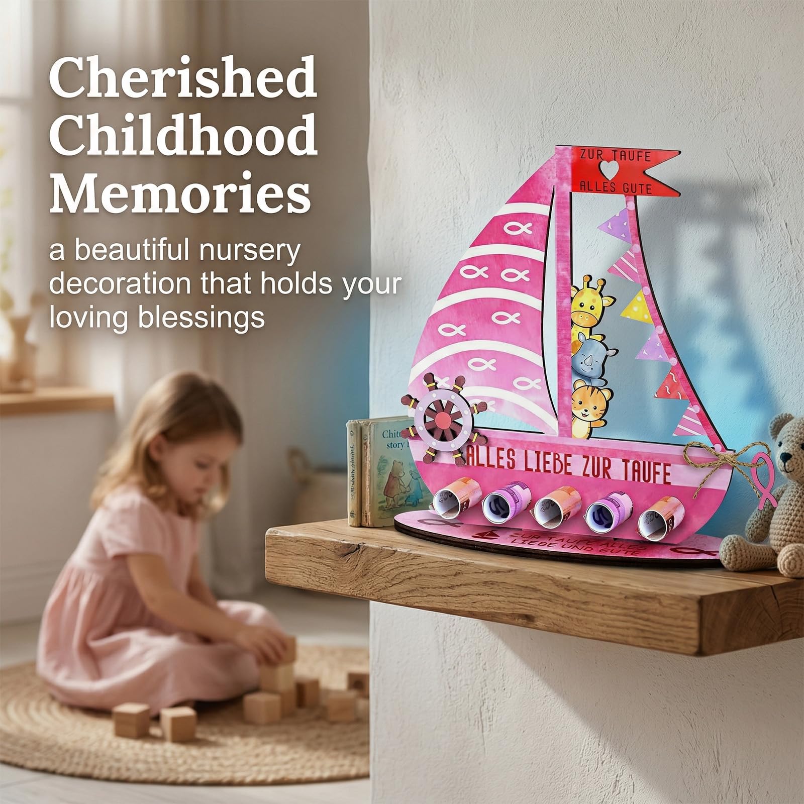 Cadeau Baptême Fille en Bois, Cadeau de Baptême Original pour Bébé Fille, Décoration Arche de Noé Rose, Souvenir pour Communion, Anniversaire et Baby Shower