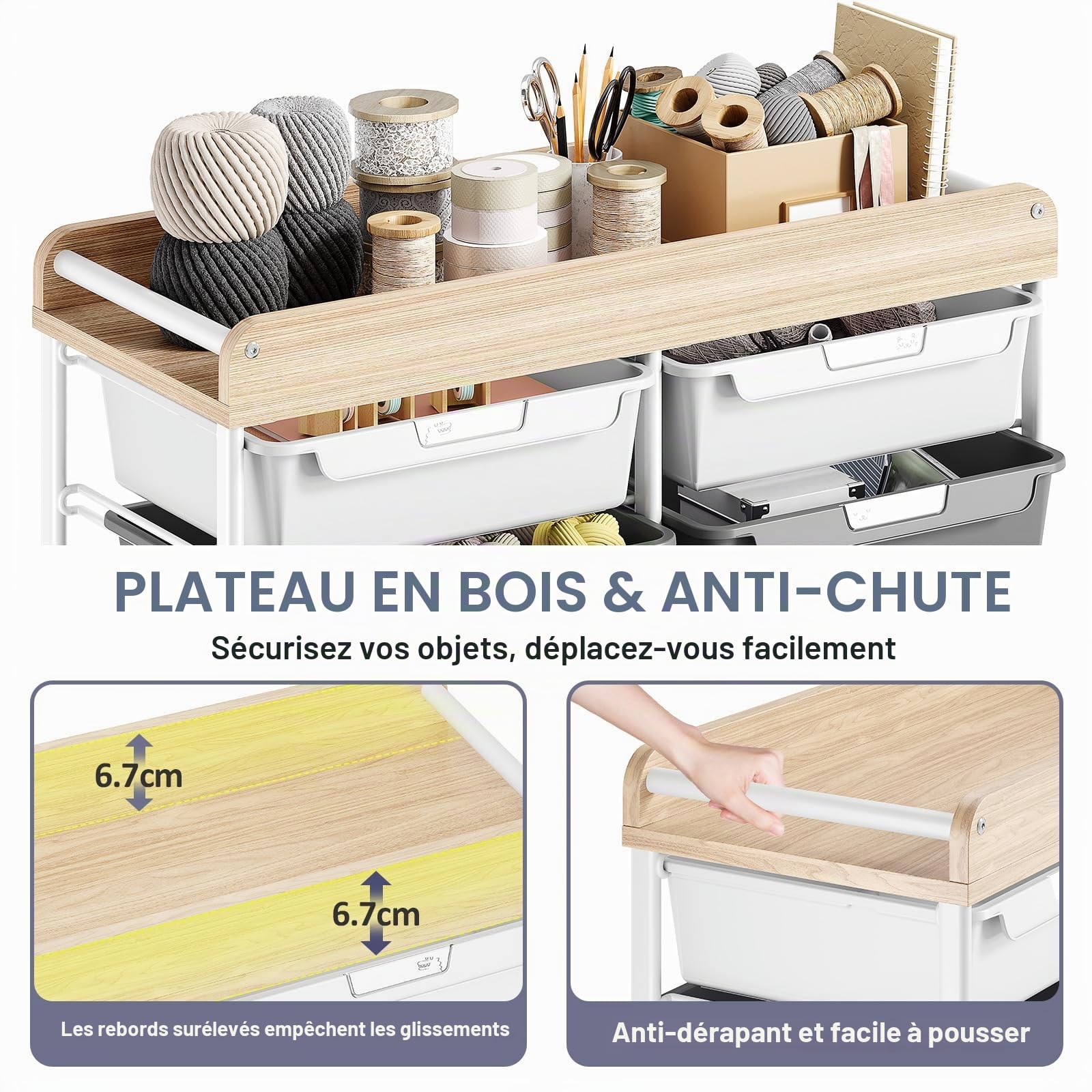Meuble à roulettes en plastique avec 10 tiroirs, chariot à roulettes avec tiroirs, chariot de rangement pour salle de bain, cuisine, salon et chambre à coucher, Gris