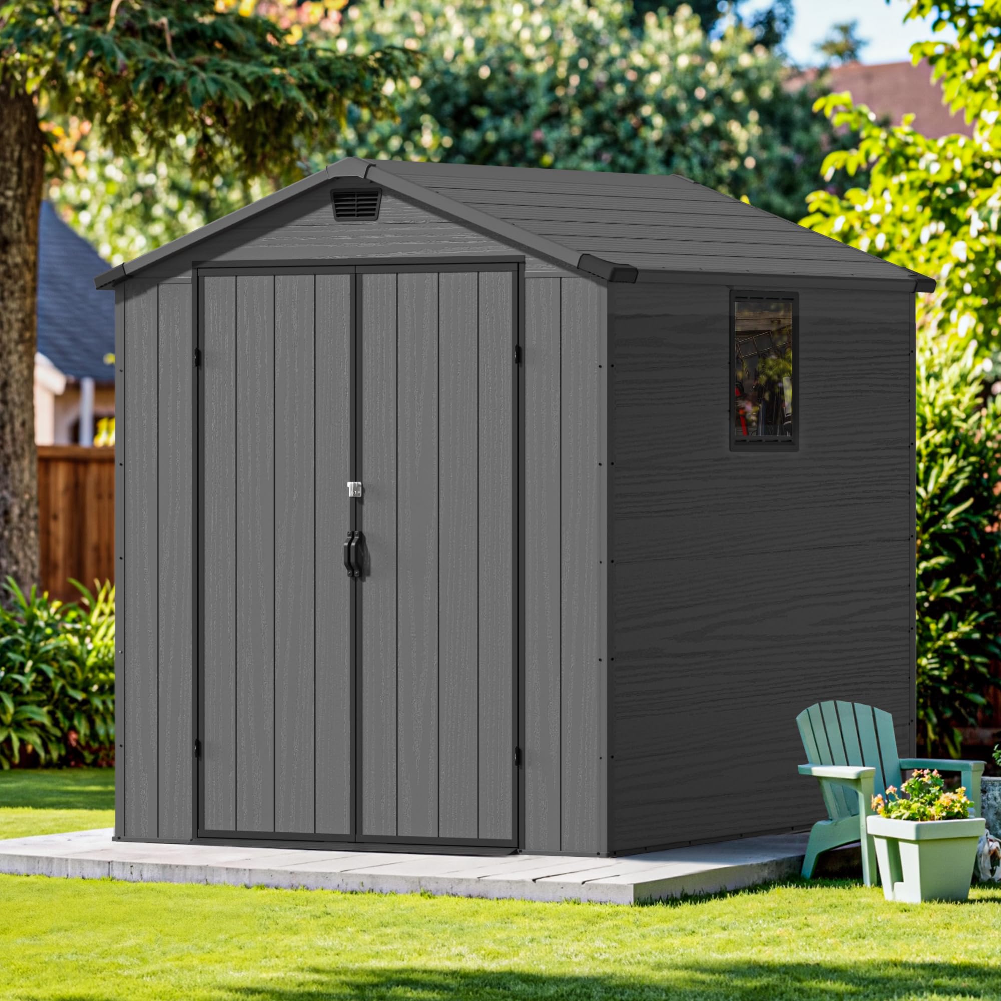 Devoko 6x6 FT Plastic Outdoor Storage Shed with Floor, Resin Garden Shed with Lockable Door and Window, Waterproof Outside Tool Storage Shed for Patio, Garden, Backyard, Dark Gray