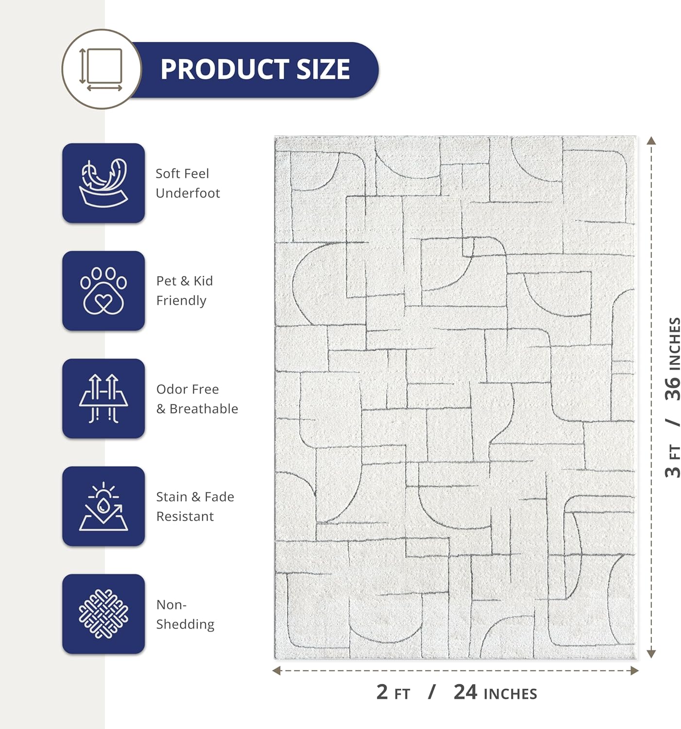 Abani Cozy Cream Area Rug for Living Room, Bedroom - Grey Linear Lines Pattern - 2' x 3' - Durable & Easy to Clean