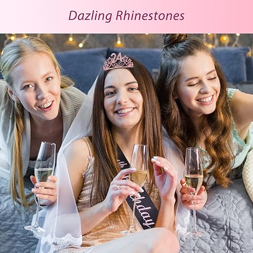 Miniatura 6 de Banda y tiara de cumpleaños número 24 para mujer, juego fabuloso banda con purpurina + estrellas de diamantes de imitación rosa tiara de metal