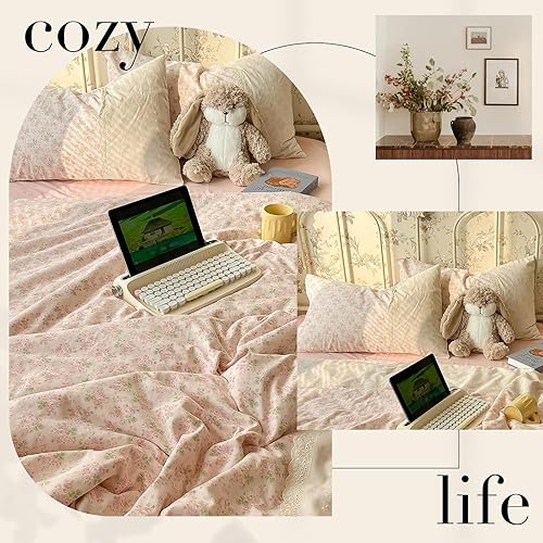 Miniatura 7 de Juego de funda de edredón floral rosa, tamaño matrimonial, con ribete de encaje blanco, tamaño matrimonial, estilo bohemio, de microfibra lavada