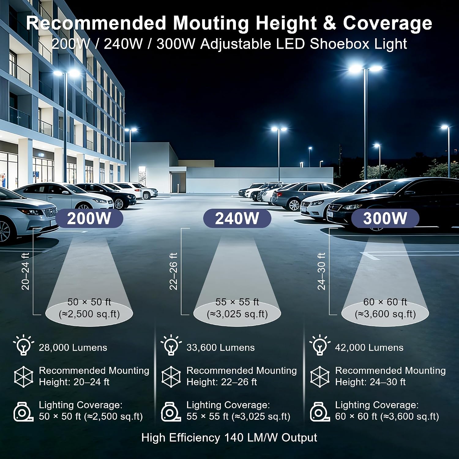 480V 300W LED Parking Lot Light, White Housing 200W/240W/300W Selectable Shoebox Area Light, 42,000 Lumens 5000K, 277-480V, 1-10V Dimmable, Direct Pole Mount, Surge Protection, UL Listed