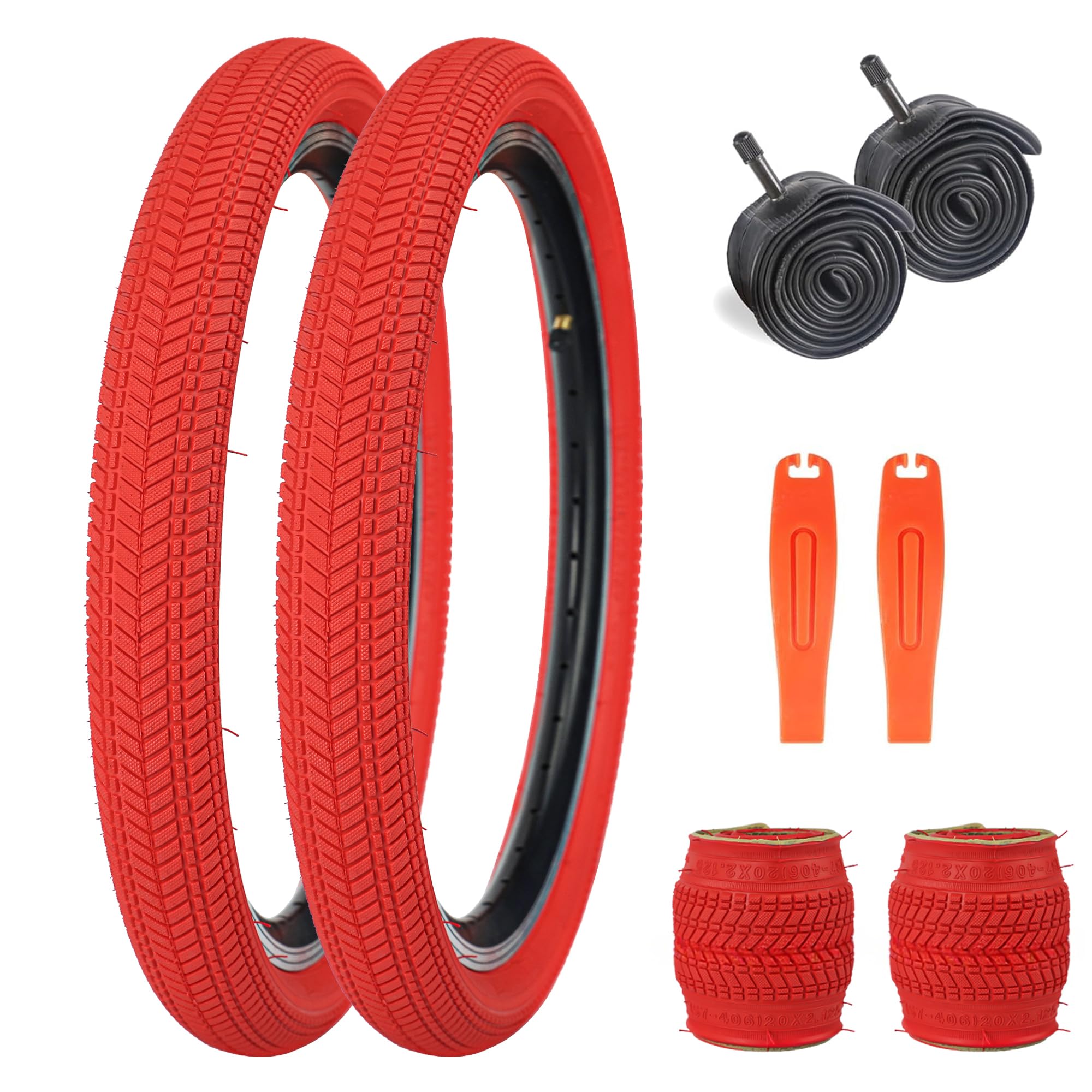 ZUKKA Pack of 2 Foldable 20 Inch Bicycle Tyres 20 x 2.125 Kids Bike Tires Coat 57-406 and 2 Pack 20 Inch Tube AV48 mm Valve Compatible 20 x 2.125 Bicycle Tyres and Tube, Red