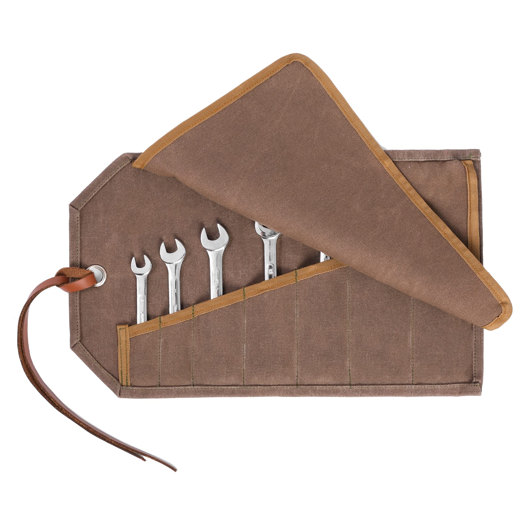 Wrench Set Organizer - Heavy Duty 16OZ Waxed Canvas Metric & SAE Wrench Pouch, Portable Small Wrench Roll with 7 Pockets | Grey | 15.5"L x 9"W