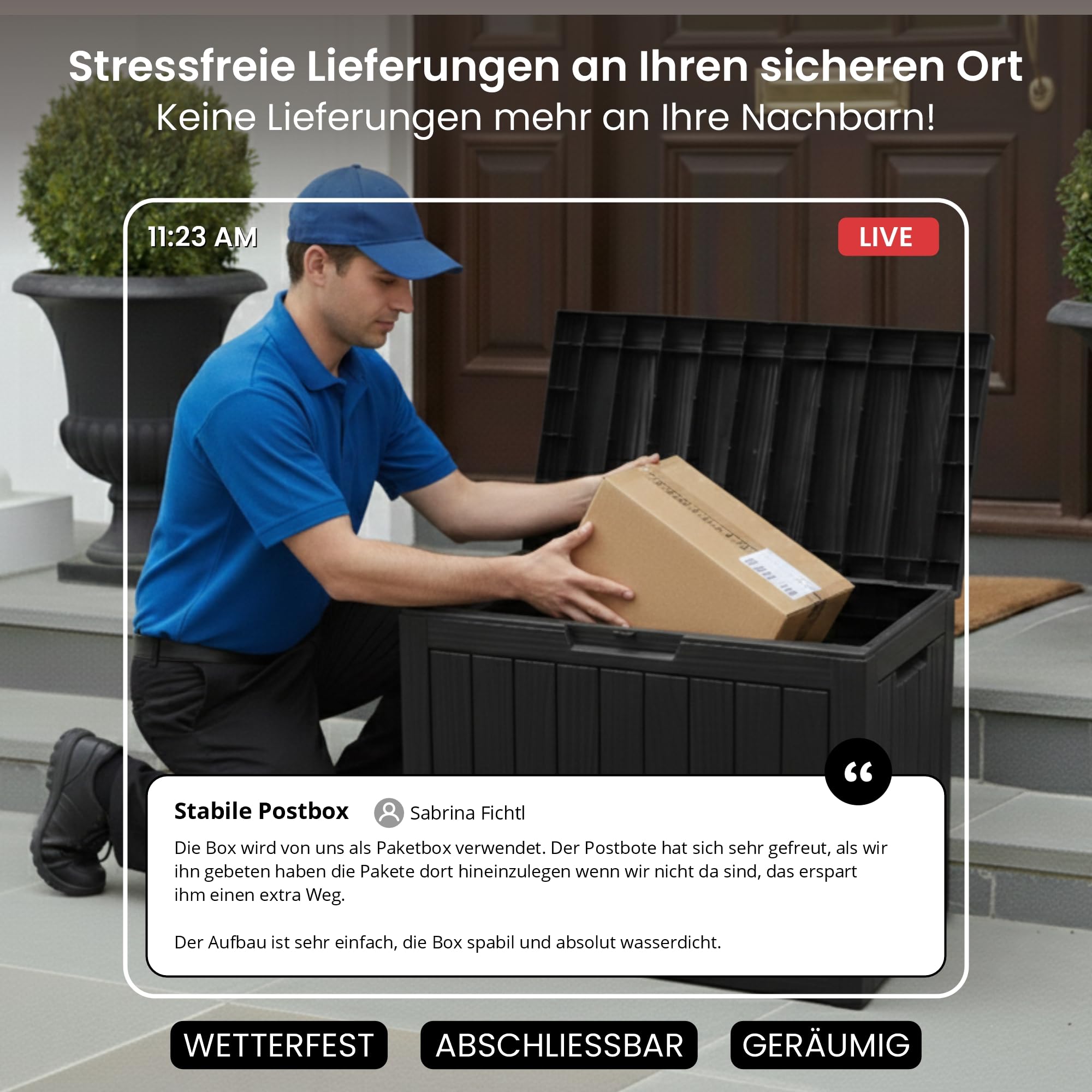 Olsen & Smith 170L Paketbox & Abschließbare Gartenbox mit Deckel | Wasserdicht & Wetterfest, Inkl. Vorhängeschloss, 100 % Recycelt, Für Pakete & Auflagen, Kissenbox, Draußen, Balkon & Terrasse