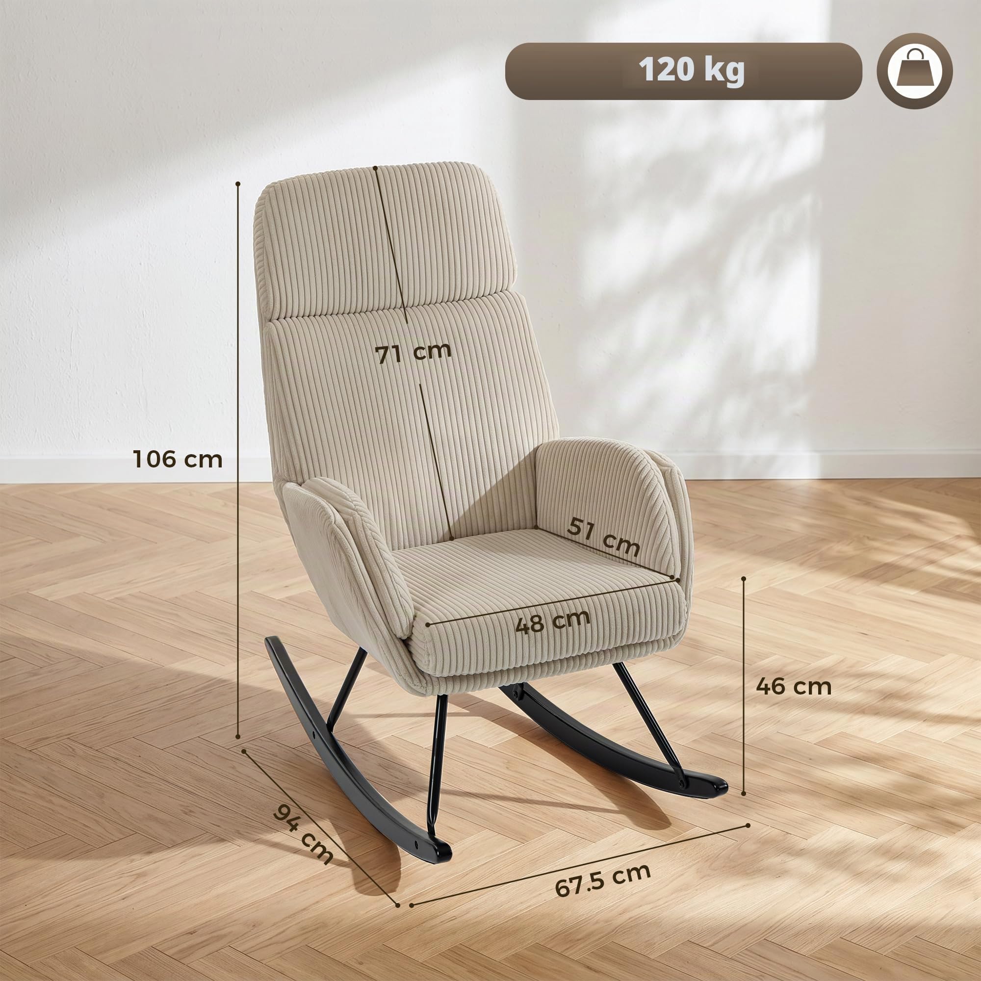 HOMCOM Sedia a Dondolo in Velluto a Coste con Schienale Alto, Beige