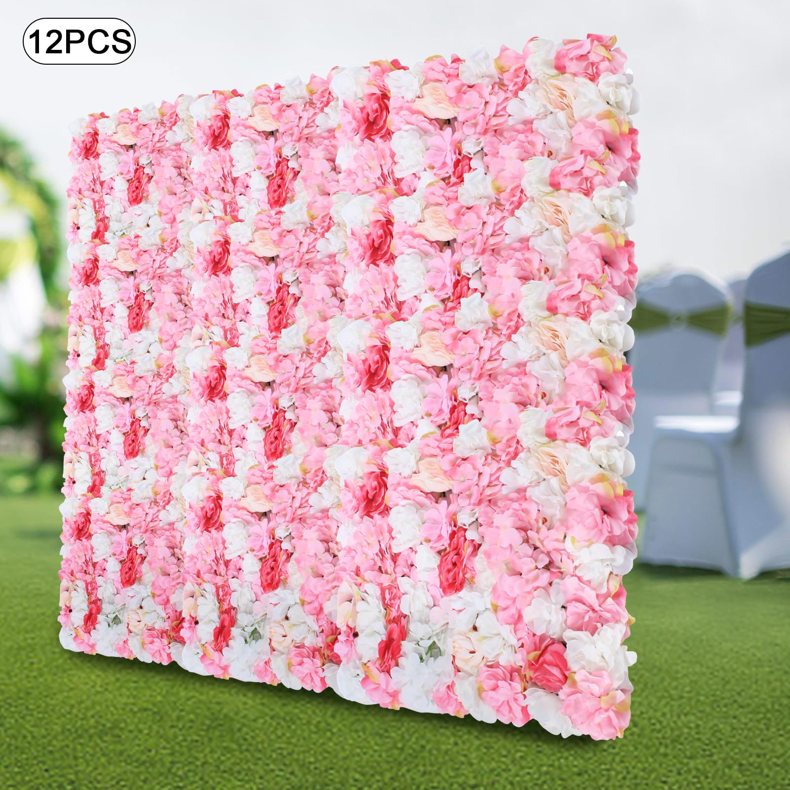 12er Set Künstliche Blumenwand 60x40cm Paneel Kunstblumen Rosa Weiß Deko | Dichte Seidenblumen Mit Rosen Dahlien Hortensien Und Gitterrückseite Für Hochzeit Event Fotowand Oder Balkon Dekoration