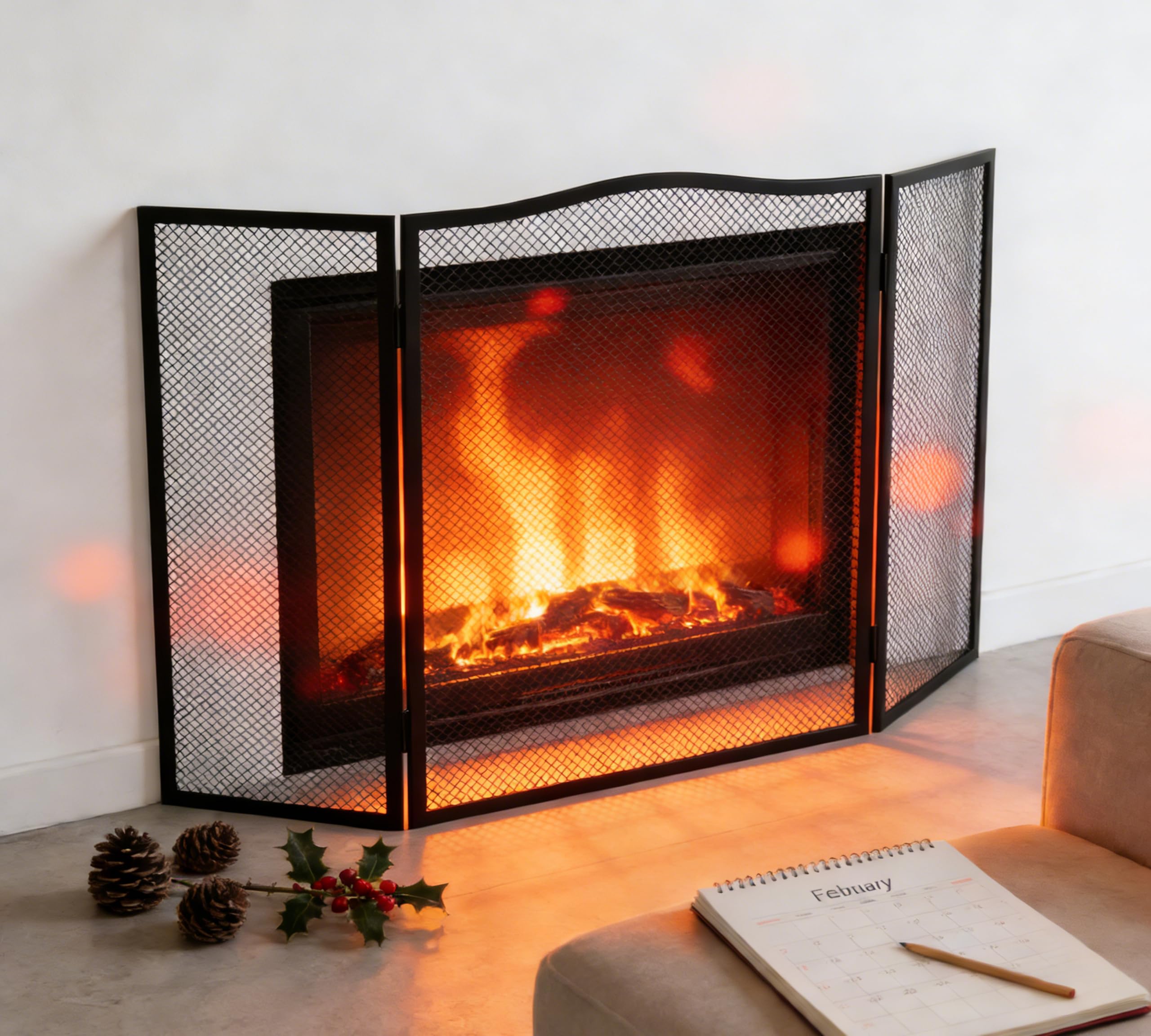 Pare-étincelles 3 panneaux écran plat fer arche supérieure 96,5 cm x 61 cm maille robuste cheminée ouverte revêtement poudre noire