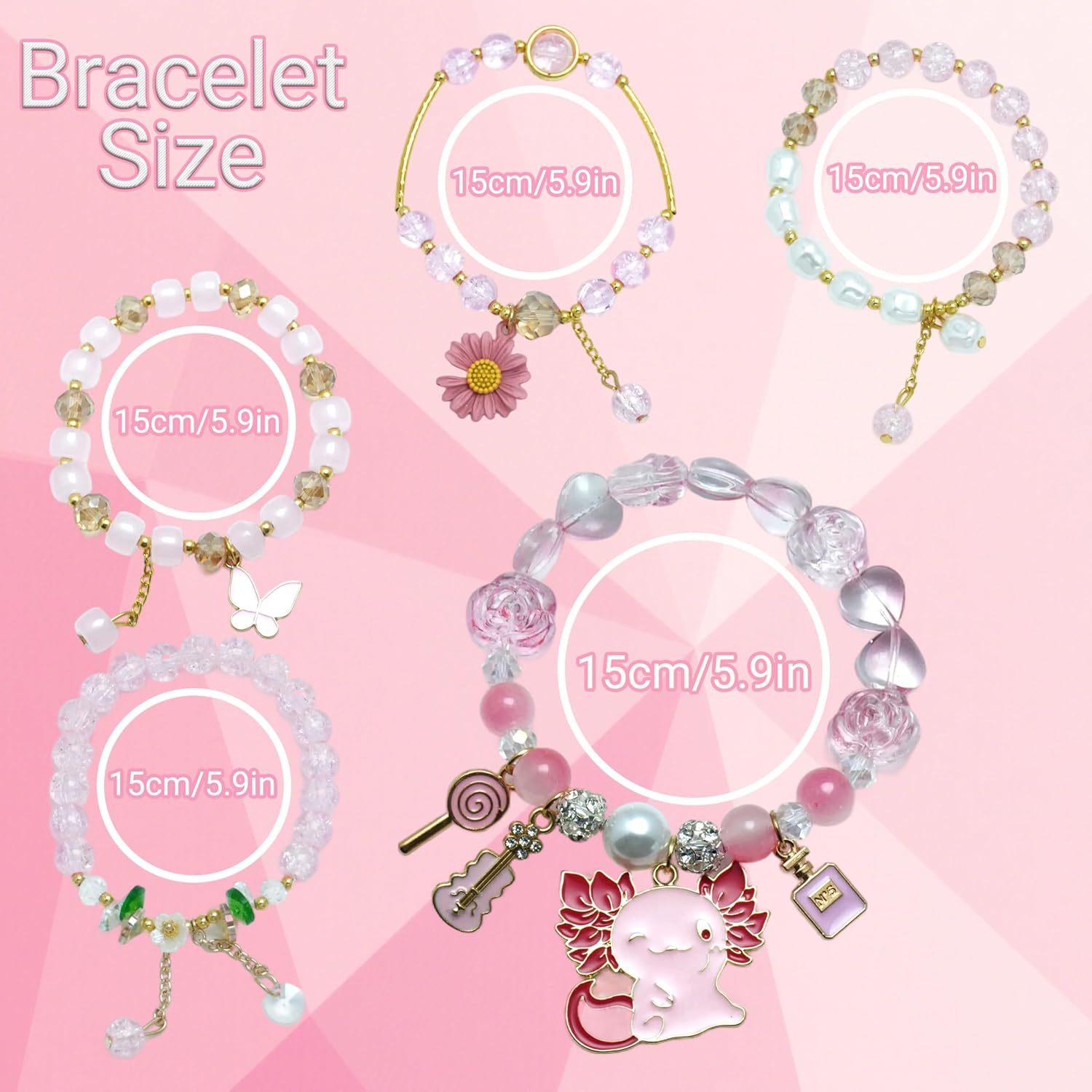 5PCS Beaded Charm Bracelets for Girls Axolotl Dainty Kawaii Crystal Beads Bracelets Set for Teens Girls Adjustable Stretch Bracelet Birthday Graduation Gift For Daughter Niece Granddaughter - Image 3
