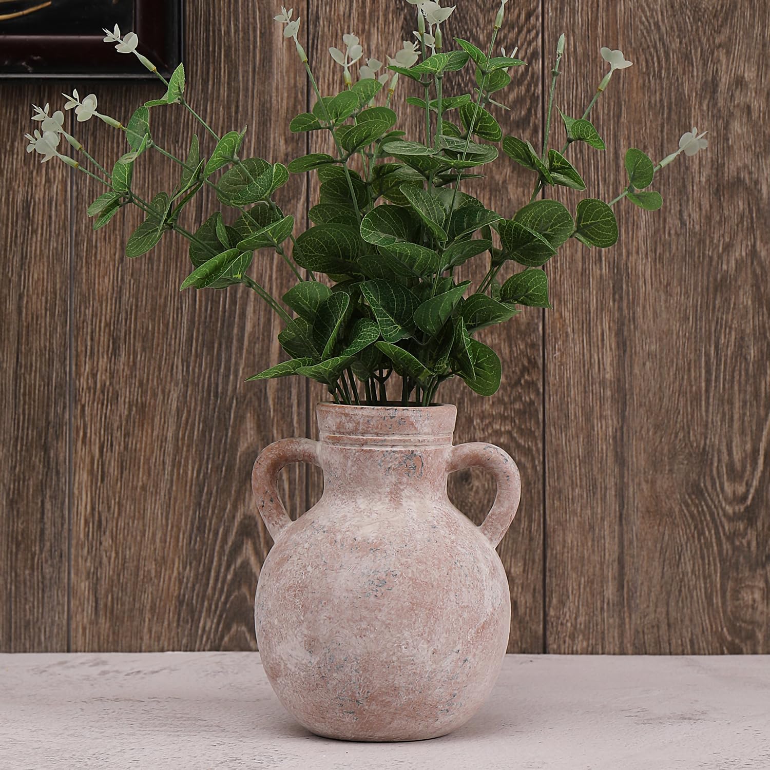ceramic vase, rustic farmhouse vase with handles, terracotta vases, 7.3 inch pottery vases, vintage decorative flower vase for home decor, table, living room, shelf decor pot-white rustic