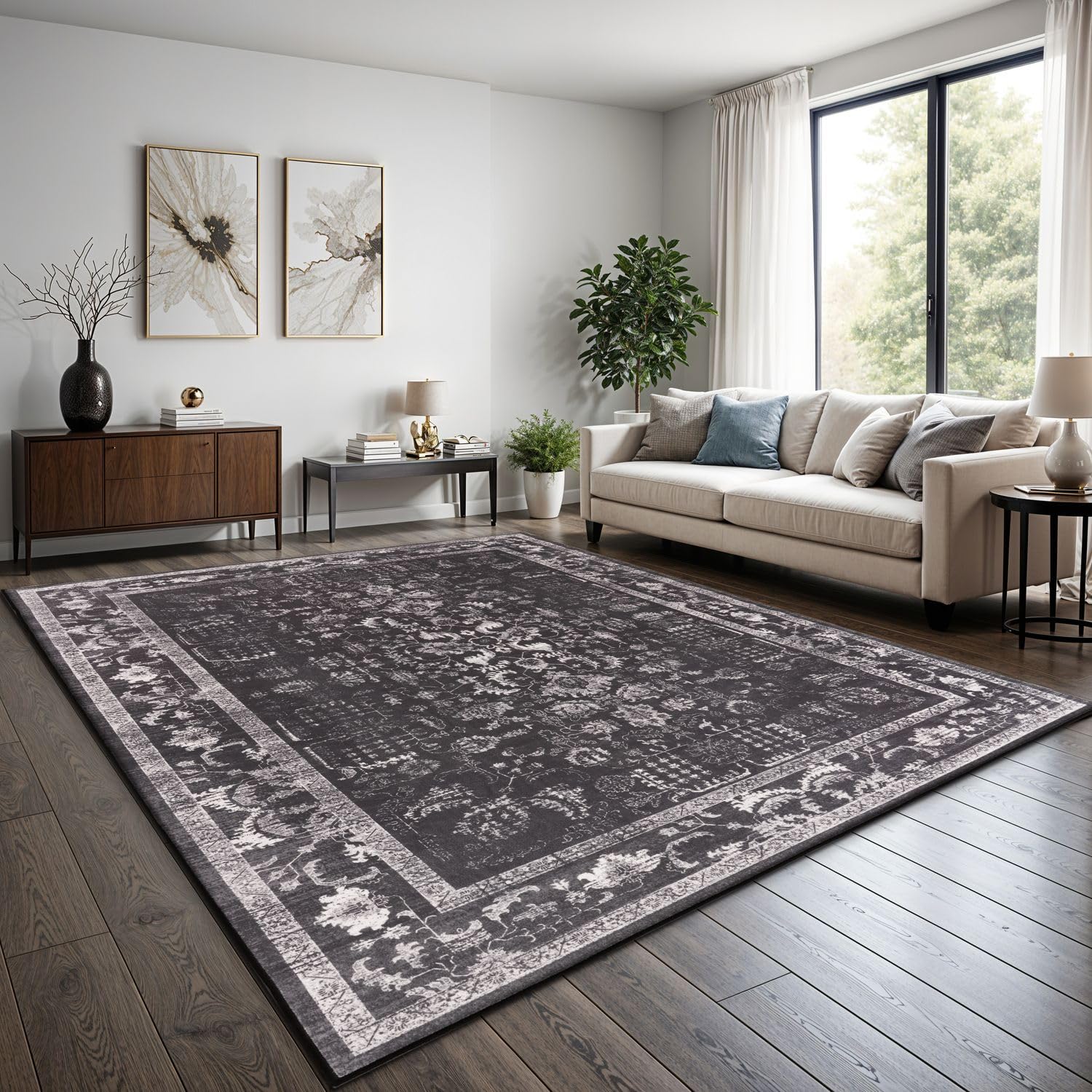 TT Home Boho Vintage Teppich Wohnzimmer Kurzflor - Retro Design, rutschfest & pflegeleicht, modern für Esszimmer & Flur Waschbar, Farbe:Anthrazit, Größe:200x280 cm