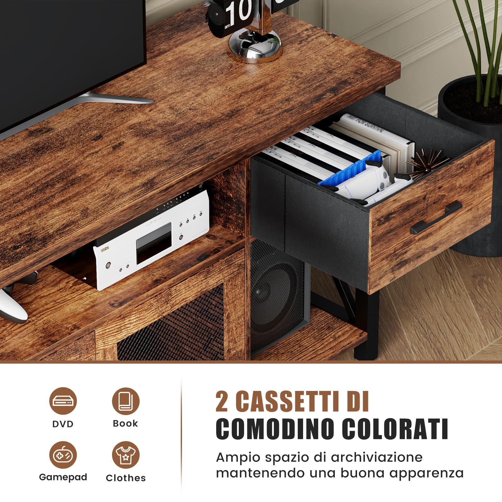 Mobile TV, Mobile Porta TV in Stile Industriale, Mobiletto TV in Legno da 140 cm Con due Mobili, per TV da 45/50/55 Pollici, per Soggiorno, Sala da Pranzo e Camera da Letto