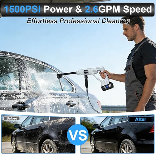 Miniatura 7 de Lavadora a presión inalámbrica alimentada por baterías, lavadora eléctrica portátil de 1500 PSI 2.6 GPM con motor sin escobillas de 400 W, baterías